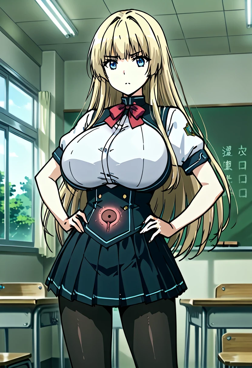 4K resolution , masterpiece, absurd, highly detailed, highres, high quality, envelopes , score_9, score_8_arriba, score_7_arriba, score_6_arriba, animated_ source , source _ animated, animated coloring, high resolution, Detailed face , envelopes , eyes , Retrato de high resolution, sharp detail, subtle redness , vivid eyes with subtle reflections, masterpiece, source _ animated, animated style, cowboy shot , perky
BREAK ,
a girl, Alone , Alone focus, looking at the spectator, blond hair, long hair, blue eyes , huge breasts, sexy, with non-straight line , volarribatuous, red bow, school uniform , shirt, mangas abullonadas, short sleeves , pleated skirt, skirt, black tights , white blouse, white sleeves, hands on hips, relaxed posture, presumed, of foot,
BREAK,
Internal, classroom, windows, daytime, day, natural lighting ,