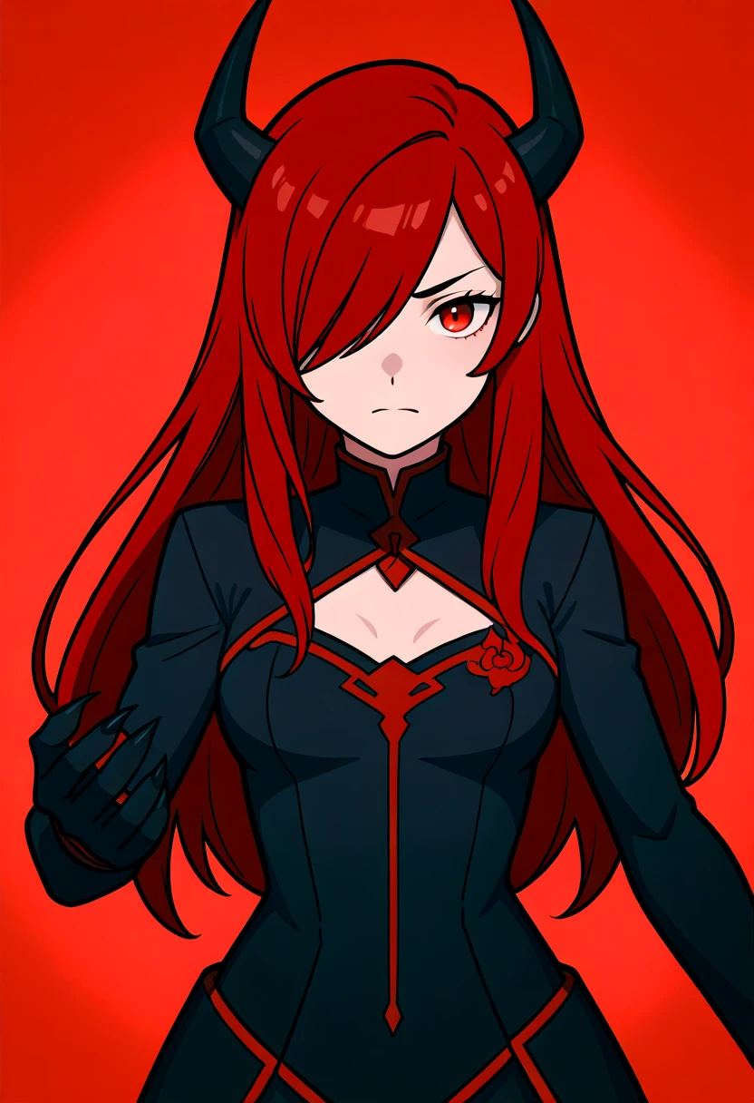 woman with black and red hair, red eyes with circles on the iris, with a dark smile
