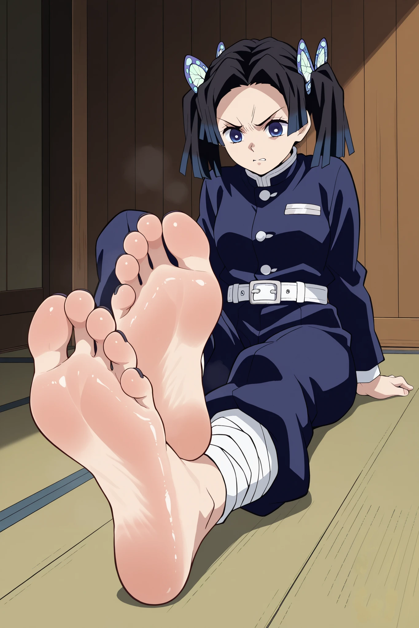 (score_9, score_8_up, score_7_up, score_6_up, score_5_up), t00nstyl3, feet,
<lora:himari-azuma-s1-ponyxl-lora-nochekaiser:0.9> himari azuma, long hair, hair rings, blue hair, navy hair, teal hair, yellow eyes, skirt, epaulettes, military, military uniform, black uniform,,
indoor,
spread legs, sitting down, feet focus,
(half-closed eyes naughty smile looking at viewer, open mouth),
<lora:Hyper-SDXL-8steps-lora:1> <lora:t00nstylev1PonySDXL:0.6> <lora:feet_anime_pony_v1:0.7>
