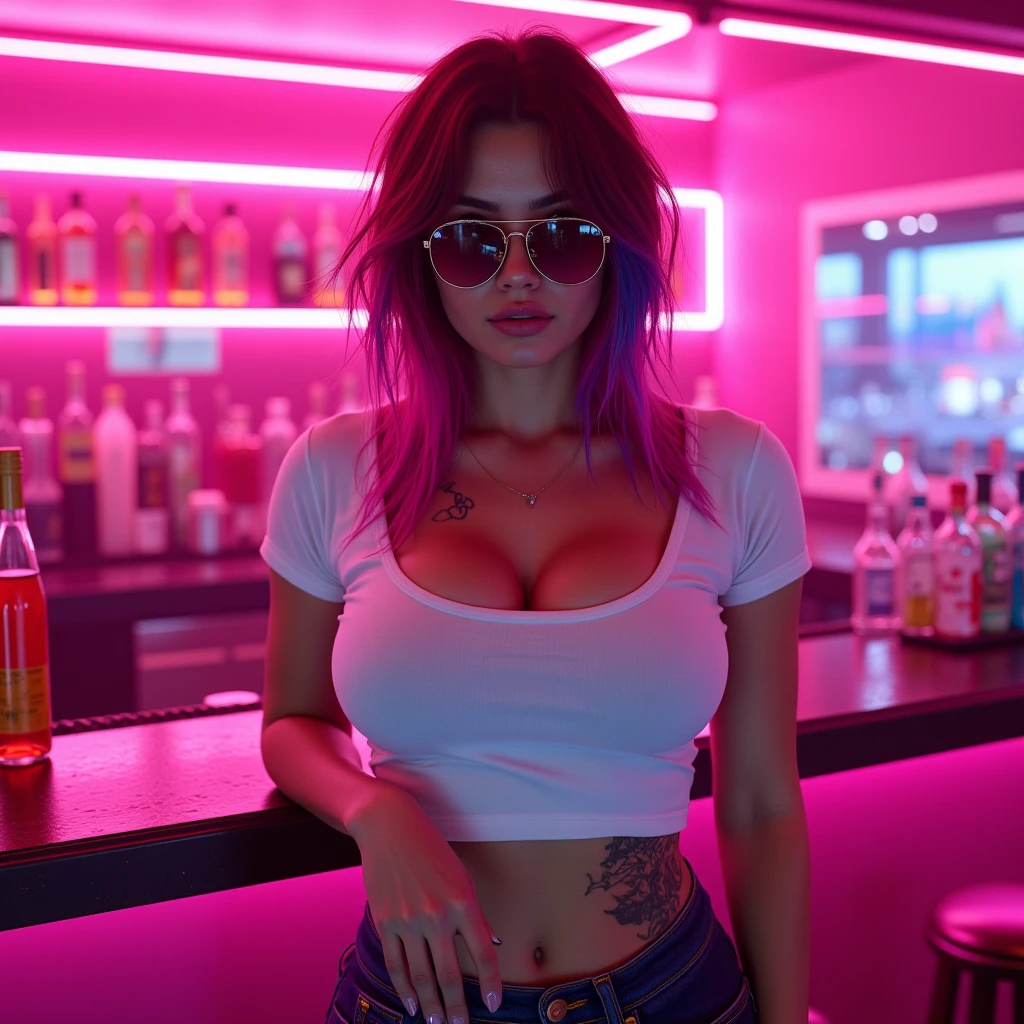 (photorealism:1.2), красивая seductive женщина, ярко голубые длинные волосы, big breasts, большая грудь, open white blouse, large breasts, black push up, sexy jeans shorts, красивый пресс, спортивная фигура, arm in front of the chest, left hand support left breast, right hand support right breast, руки поддерживают грудь, черные очки, смазанная помада, biker, in the bar, bartender