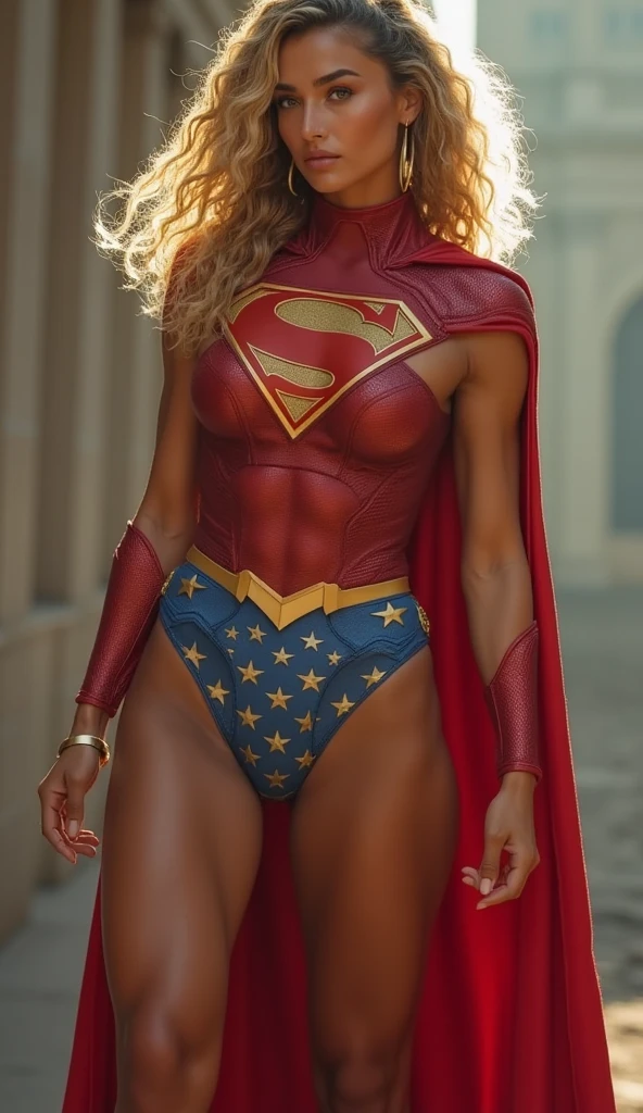 NSFW (red bikini) (Supergirl ((human)) medium breasts, cameltoe) fully body, walking on a deserted beach