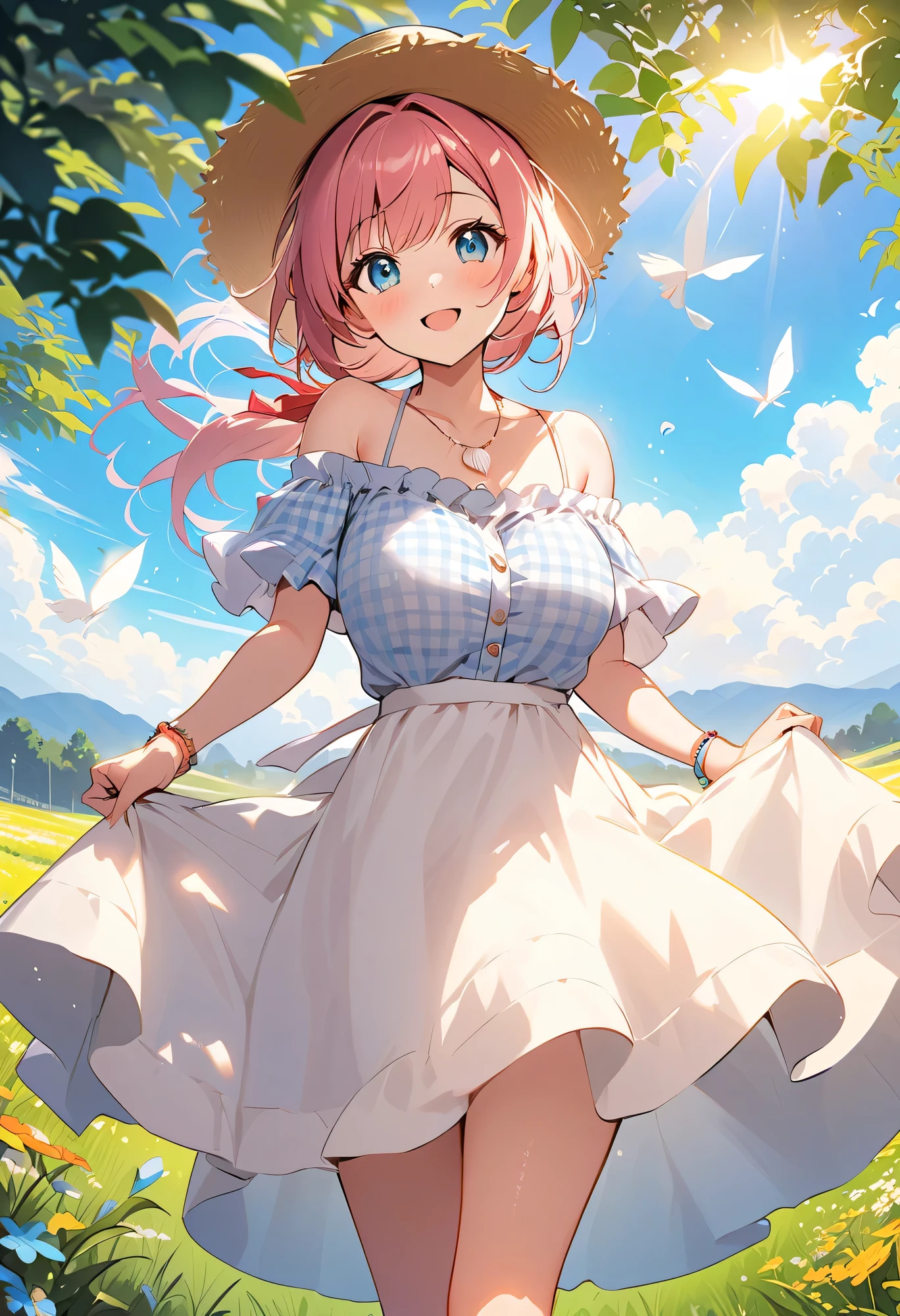 best quality、high resolution、(high image quality:1.3)、masterpiece、detailed background、very detailed face、detailed eyes、age beauty、huge breasts、Normal number of fingers、anatomically correct、perfect body line、Bright-colored hair、ponytail from Yubi's point of view、Braided bob cut、A gentle early summer afternoon、Under the clear blue sky、the sun gently pours down、cool breeze that tickles your cheeks、fluffy white and light blue dress、pretty wildflowers swaying underfoot、
(The girl runs through a small prairie while holding the hem of a dress that flutters in the wind:1.5)、
She smiles and feels like hugging the world when she spreads her arms、I can hear birds singing from a distance、When you hold it over your head, the sunlight filtering through the trees shines brightly、the occasional wind that blows comfortably、softly pick up a straw hat Feel the visit and make it big Take a deep breath、The girl showed an innocent smile facing the dazzling sun、
off-shoulder and frill gingham check blouse、flare skirt、 braided sandals 、Shell necklace or anklet、casual and active with a cheerful impression、cute
