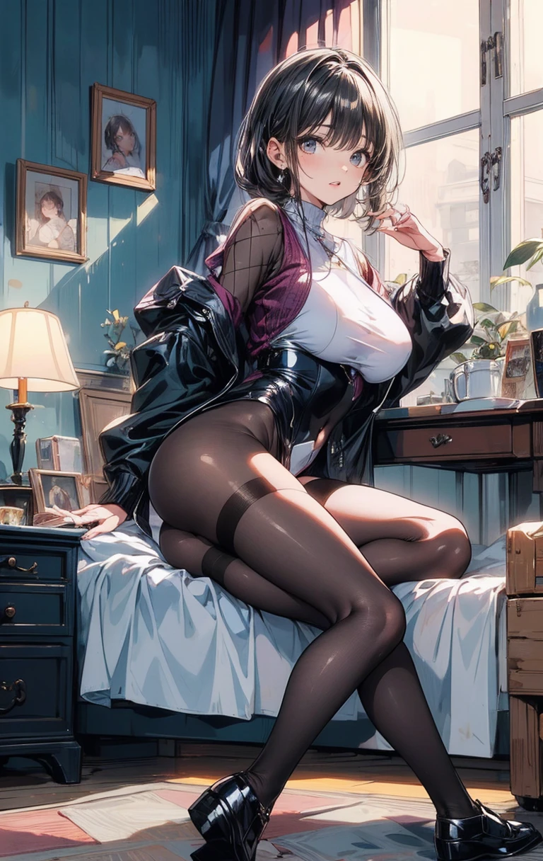ultra detailed detail, ultra high quality, ultra high resolution, young Japanese girl, ultimate pretty face, extremely detailed eyes and face, blue-black eyes, twinkle eyes, slightly pink lips, middle hair, dark brown hair, wept bang, half updo, ecchi lingerie, lying back, one’s knee up, from high-rise apartment room, flame-less window, cityscape, sunlight, fantastic!!!, (nsfw) --auto --s2