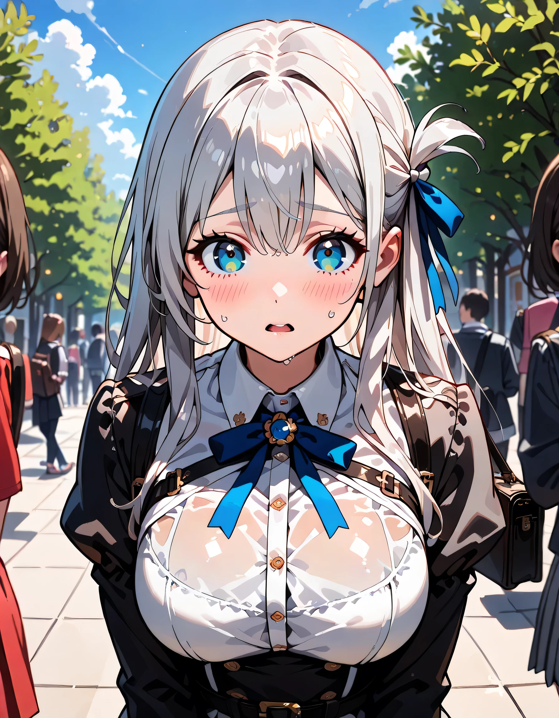 ((ultra-detailed)), (highly detailed CG illustration), (best quality:1.2), ultra-highly detailed, colorful composition, artistic photoshoot, 1girl, solo focus, ((upper body:1.4)), moe anime character, girl, dainty facial structure, (baby face), (round face), ((rounded chin:1.2)), shirt, long sleeves, dress, ribbon, white shirt, collared shirt, belt, neck ribbon, red dress, blue ribbon, pleated dress, gray dress, two-tone dress, red belt, licorice unifor, ((surprised:1.6)), ((blush:1.4)), ((looking viewer)), ((wet:1.4)), ((Sweat:1.4)), ((Blue sky and clouds background)), from front, best quality, masterpiece, expecting, pink cheek, blush, light pink gloss slip, portrait, depth of field, soft lighting, sidelighting, (shine), lighting, caustics, ray tracing, perfect face, lustrous skin, highly detailed face, perfect face, perfect nose, perfect hair, perfect anatomy, beautiful hair, beautiful small face, extremely detailed face, beautiful clavicle, beautiful body, beautiful ample breasts, leavage, breasts squeezed together, equalize the size of the left and right breasts, beautiful fingers, 4 fingers, 1 thumb, lovely, (very detailed background:1.0), (highly detailed background:1.0), spring aesthetic, intricate details, joyful atmosphere, spring colors palette, chromatic aberration
