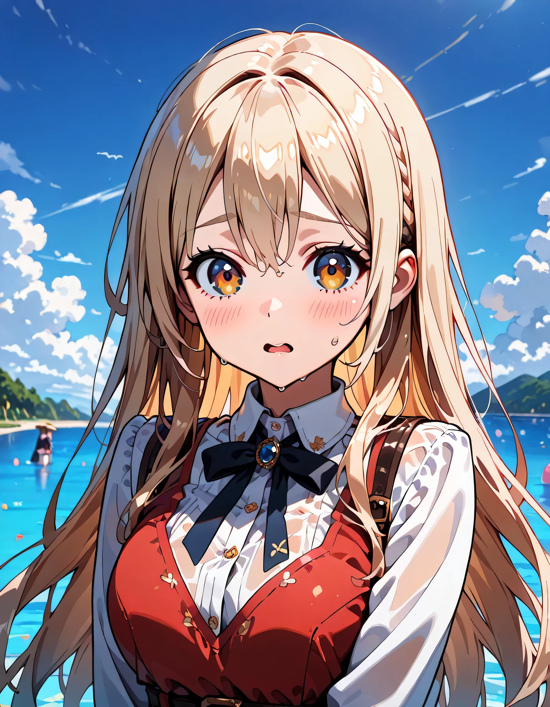 ((ultra-detailed)), (highly detailed CG illustration), (best quality:1.2), ultra-highly detailed, colorful composition, artistic photoshoot, 1girl, solo focus, ((upper body:1.4)), moe anime character, girl, dainty facial structure, (baby face), (round face), ((rounded chin:1.2)), shirt, long sleeves, dress, ribbon, white shirt, collared shirt, belt, neck ribbon, red dress, blue ribbon, pleated dress, gray dress, two-tone dress, red belt, licorice unifor, ((surprised:1.6)), ((blush:1.4)), ((looking viewer)), ((wet:1.4)), ((Sweat:1.4)), ((Blue sky and clouds background)), from front, best quality, masterpiece, expecting, pink cheek, blush, light pink gloss slip, portrait, depth of field, soft lighting, sidelighting, (shine), lighting, caustics, ray tracing, perfect face, lustrous skin, highly detailed face, perfect face, perfect nose, perfect hair, perfect anatomy, beautiful hair, beautiful small face, extremely detailed face, beautiful clavicle, beautiful body, beautiful ample breasts, leavage, breasts squeezed together, equalize the size of the left and right breasts, beautiful fingers, 4 fingers, 1 thumb, lovely, (very detailed background:1.0), (highly detailed background:1.0), spring aesthetic, intricate details, joyful atmosphere, spring colors palette, chromatic aberration