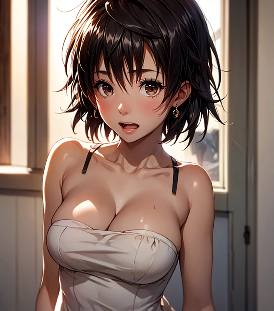 (Tabletop, Highest quality, High resolution, , Pixel perfect, 4K,), 1 girl, single, alone, Beautiful woman、The whole body is visible、 ((Wave shorthair、Blue ash glossy hair)), ((Gray Eyes, Beautiful eyelashes, Realistic eyes)), ((Detailed face, blush:0.6)), ((Smooth texture:0.75, Realistic texture:0.65, Realistic:1.1, Anime CG style)), Mid-chest, Dynamic Angle, Perfect body, Plump body、university student、((Black sleeveless open neck blouse、tight skirt with a slit++、Cute Necklace、Earrings)), look up、A shy smile、Accentuate your breasts、Shave your chest、Sitting cross-legged、Thighs visible through skirt、Angle from below、hotel lobby、I can see the blue pants