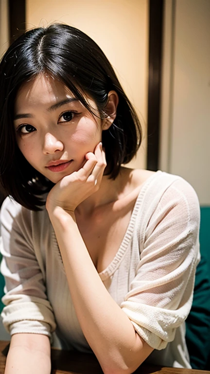 ((sitting on the bed))、((Photos taken by others))、(((realistic))),(highest quality、8K、masterpiece:1.3)),(1 girl)、(((Photographed from the front)))、((Sit facing the camera))、((beautiful breasts))、Japanese、1 girl、((I wore a cardigan))、((sports bra))、short hair、looking at the viewer、((Shooting from belly to face))、((show cleavage)),Photograph the whole face、With a smile、in the bedroom、On the white sheets、bright lighting、SFW