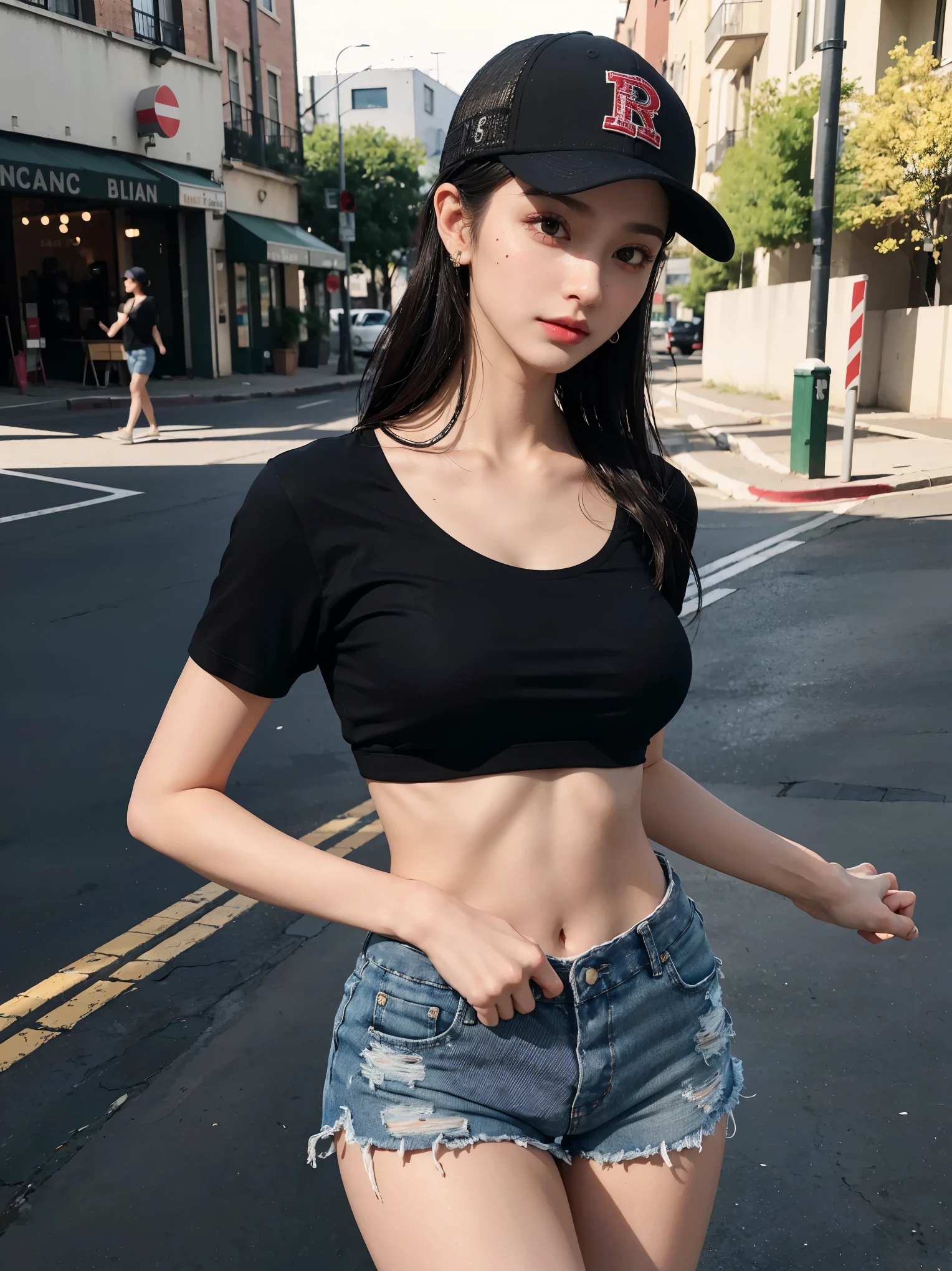 8K resolution, super high resolution, best picture quality, master works, HD phase, beautiful girl, moist lips, peerless beauty, messy black straight hair, shoulder-length short hair, fluffy hair, rich and beautiful makeup, exquisite and perfect facial features, sapphire pupils, rosy face, melon seed face, sweet smile, super slim body, night beach, beach, (wearing high-waisted crop top tight T-shirt), wearing shorts, macro shooting, mobile phone camera, night mode,