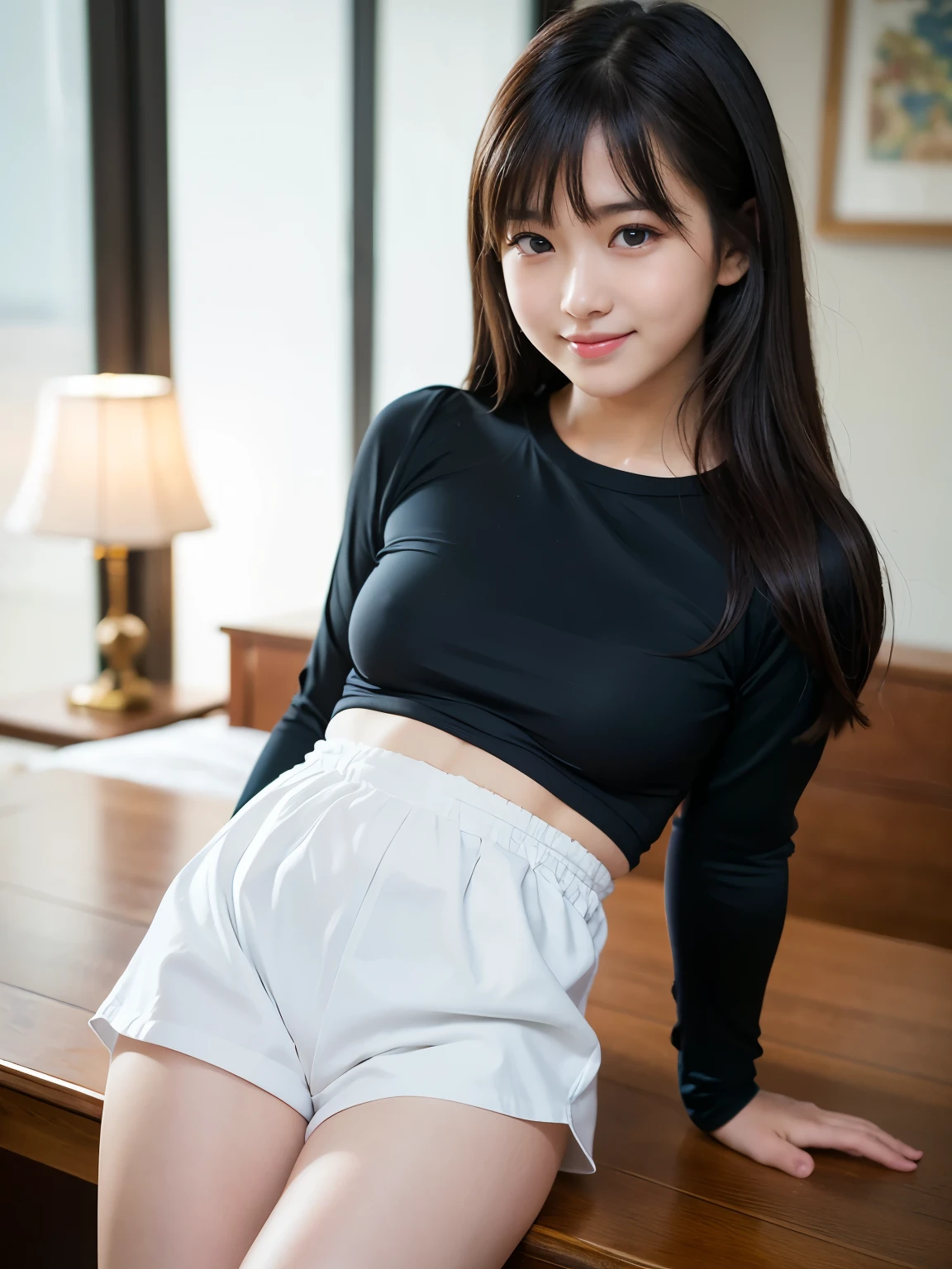 ((of the highest quality, 8K, masutepiece: 1.3, Raw photo)), Silk 、Bikini Panties panties、Ultra irt、Tank tops、sleeve less、Light blue skirt、poneyTail、Sharp Focus: 1.2, (1 AESPA Girl :1.1), Solo, (Realistic, Photorealistic: 1.37), (Face Focus: 1.1), Cute face, hyperdetailed face, Open legs、White panty、White shorts、Lossy hair, Small Smile, slender, (White Button Down Shirt, Skirt: , Sitting Office Room, (Show panties:1.1), From below, blooowers