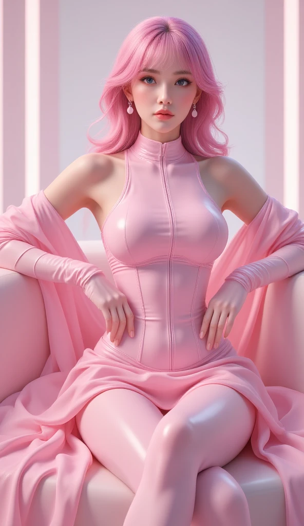 (masterpiece, best quality, 1girl, solo, intricate details, chromatic aberration), realistic, ((medium breath)),long hair, pink hair, red head ornament, pink highlights, hair over one eye,purple eyes, earrings, sharp eyes, choker, neon shirt, open jacket, crop top, (symmetry eyes),(perfect symmetrical body),against wall, brick wall, graffiti, dim lighting, alley ,look at viewer,full body portrait,