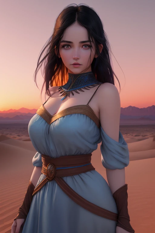 create a sorceress elf with black wavy hair, who has an amulet and wears purple accessories, that has dunes on its body and lilac eyes 