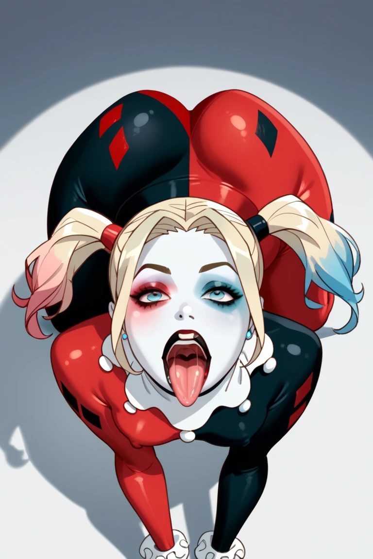 score_9_up, score_8_up, score_7_up, BREAK 1girl, Harley Quinn, blonde hair, blue eyes, blushing, red lips (gigantic ass:1.2, gigantic breasts:1.2, milf:1.4, ass out:1.2),shiny skin,sweat,oiled,anteater face:1.2,leotard,oral,fellatio,deepthroat,:>=,veiny penis,pov, red highleg panties,double peace sign,stray pubic hair, (dark city alley background:1.4, night time), (masterpiece, highly detailed, perfect hands:1.6, perfect eyes:1.6, perfect face:1.6)