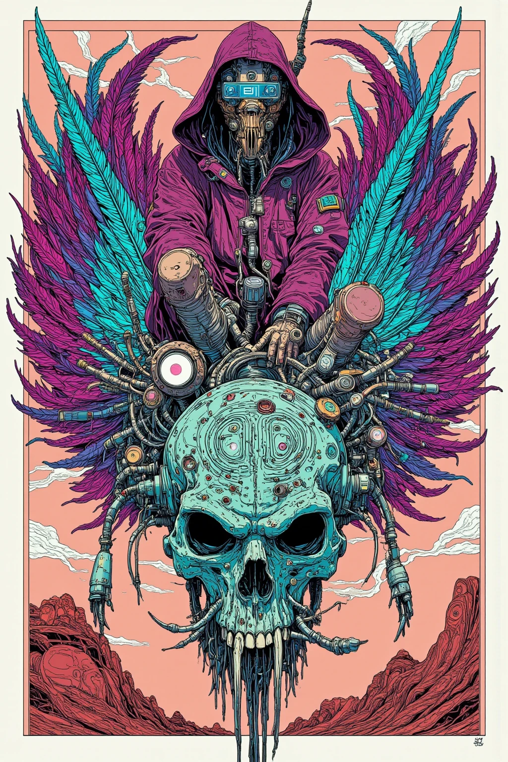 A man wearing a plague mask rides a feathered skull, and other items 々, dmt Death of Ego  , Exquisite Futuristic Art ,DMT Art,   DMT Egodes , Dan Mumford and Alex Grey style, Psychedelic Transart , Super Detailed Fantastic Art ,epic shamanic DMT Art, Shamanism DMT Horror Art   ,visionary art style,High Definition Fantastic Art,Marauders After Death ,Simple, less-colored scheme ,