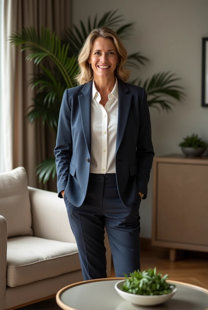 One 50 year old white mature woman、female teacher、Standing full body photo、
Gorgeous blonde hairstyle、Wearing a blue suit、She's wearing a long pencil skirt and high heels、Huge breasts are saggy