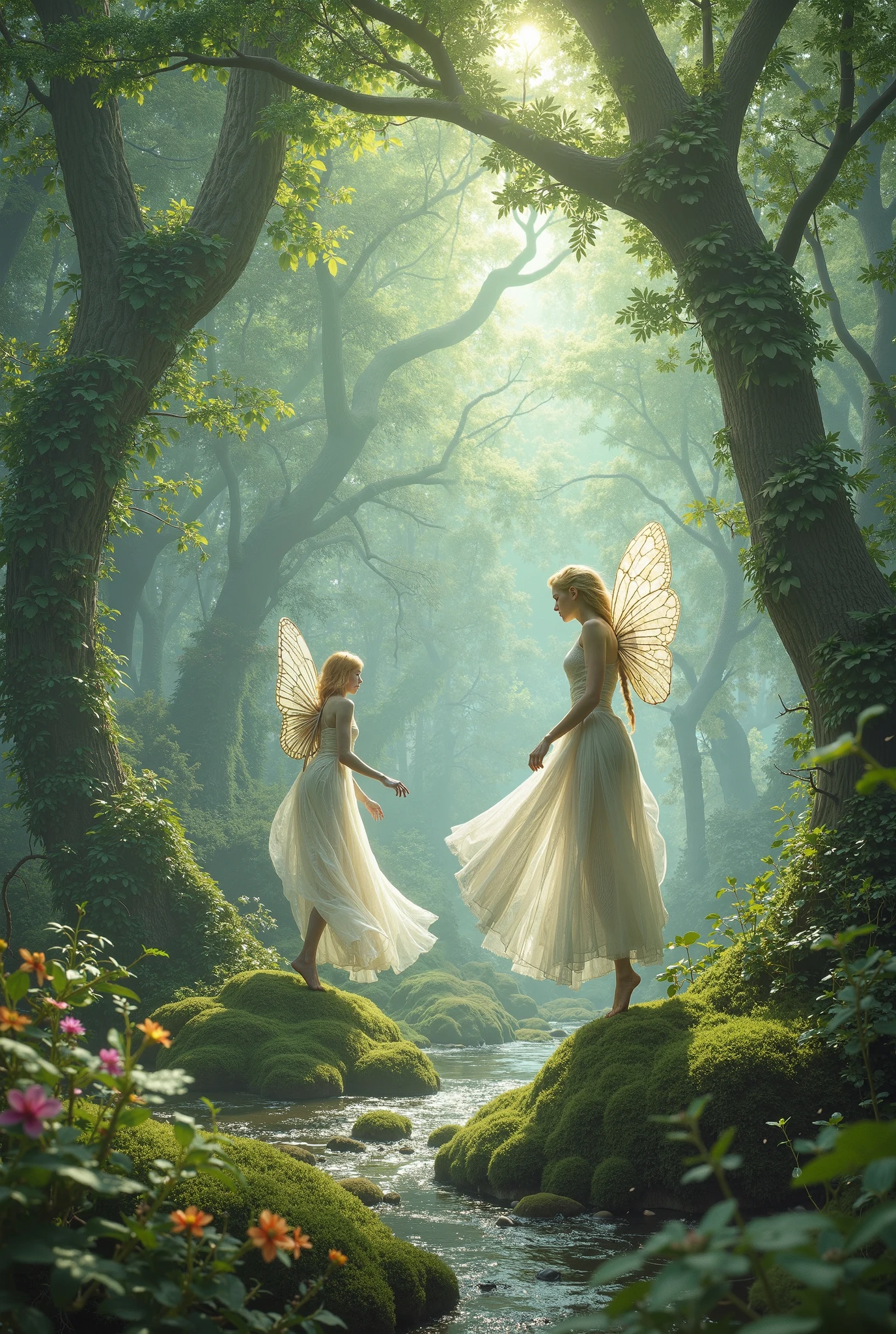 Two little girls in white dresses are walking through a forest - SeaArt AI