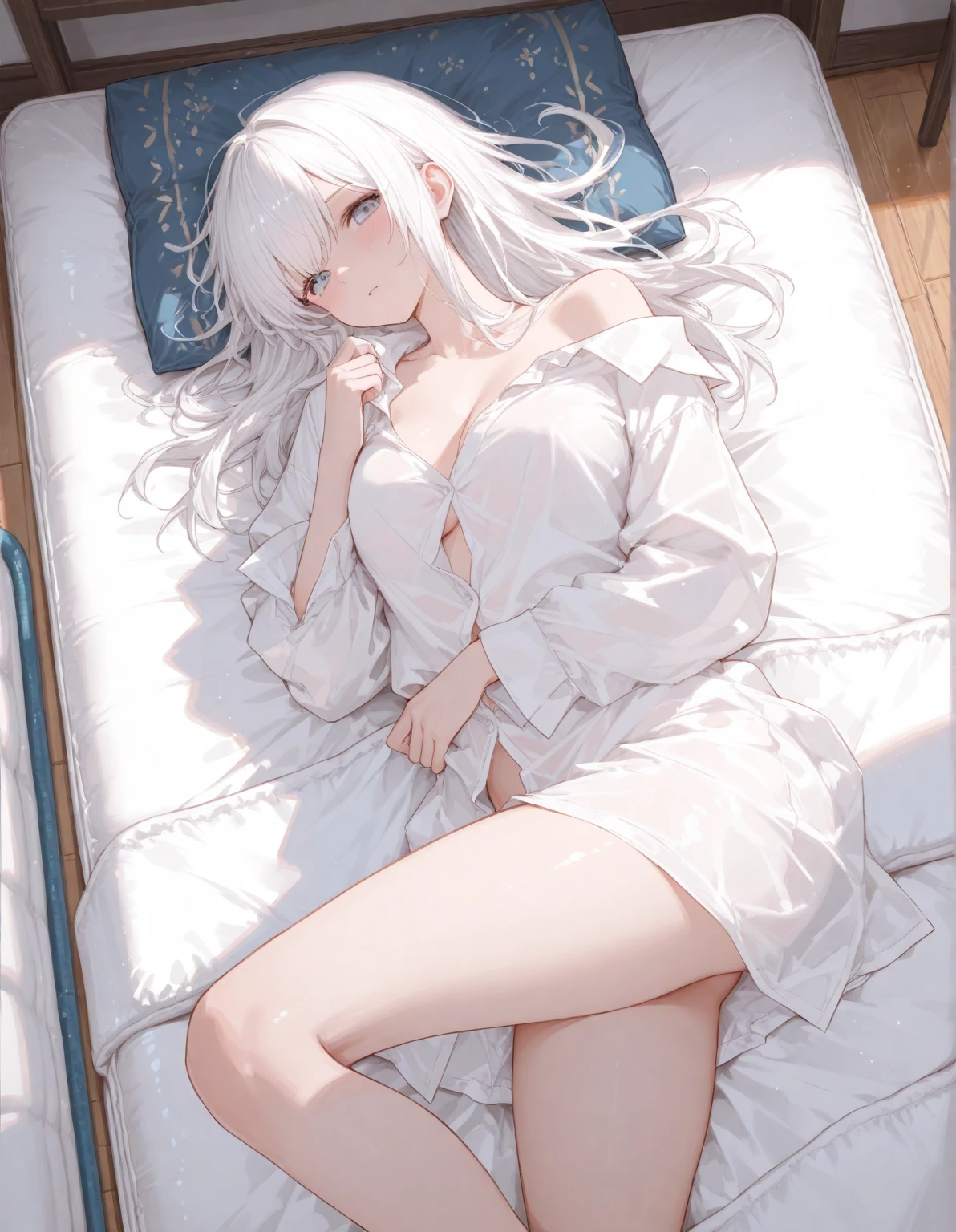 (Confused, High resolution, Very detailed), 1 female, Silver Hair,Long Hair,,White patient gown,,Appearance of the injury,24th generation,beauty,mature,thin,quiet,Calm,Sleeping in a medical bed,Sleeping on your side,,右腕にbandageをしている,hospital,I was injured,bandage,Sleeping,Lying in bed