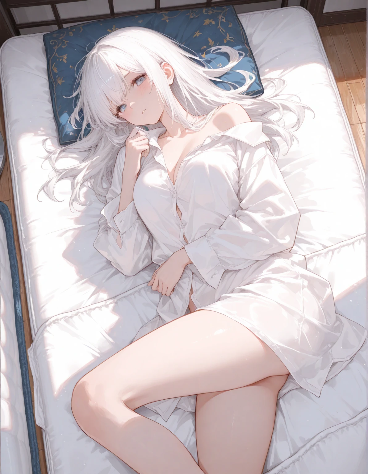masutepiece, Highest Quality, hard disk, Solo, Modest, Indoors, The bra is misaligned, Side straps, Lying down, From above, Arms open, The thighs are moderately wide apart, healthy, bed, Messy transparent underwear, Heavy breathing, Sex Expressions, 20 years old, White hair, Spilled milk、Crying face、huge tit