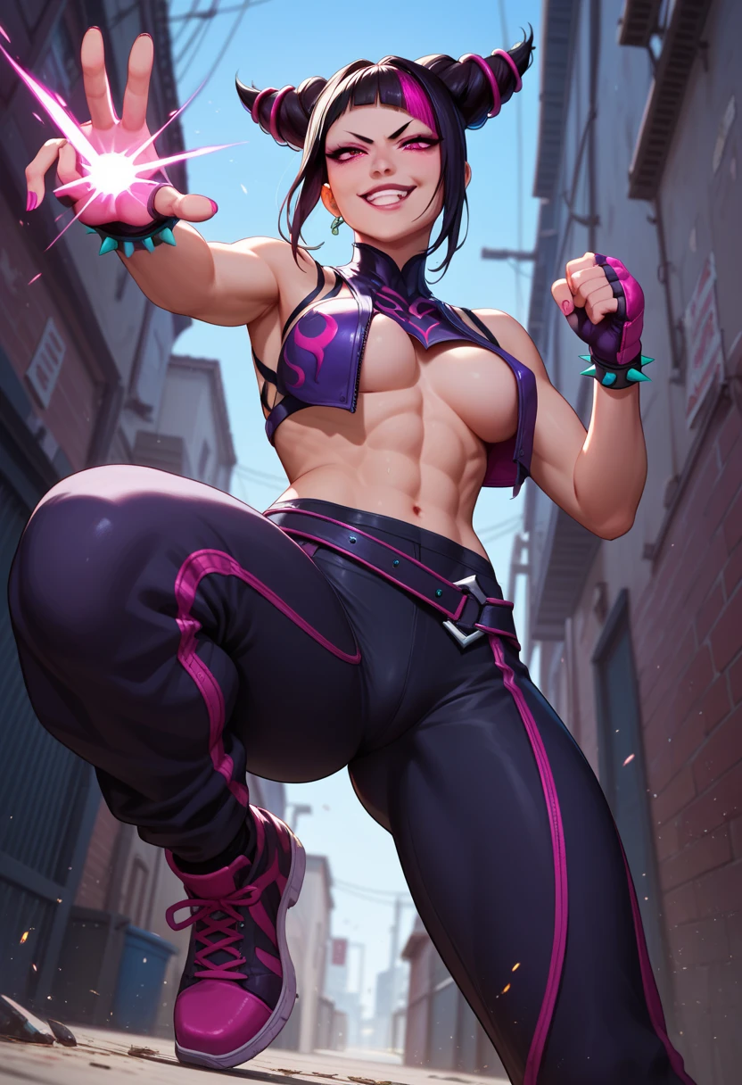 street fighter juri han, muscular feamale, feminine and muscular, ((Huge breasts))), sexy, abs, (Beautiful, Large_Breasts:1.2), sexy breasts, pink boobs, plump big breasts, big tits, gigantic ass,Plump thighs