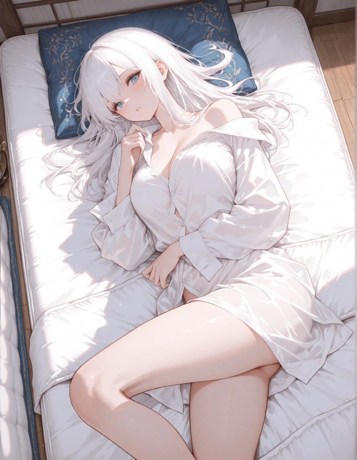 full body, white hair, very long hair, braid, blunt bangs, white eyes, sleeping in bed,