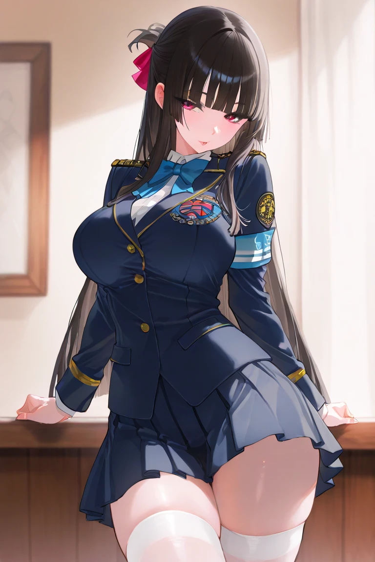 ((masutepiece, Best Quality)), ((hight resolution)), (photos realistic), Best Shadow, high detailing, Very detailed, (nice hand, Perfect hands), (Face Focus:1.2), ((1girl)), Beautiful Girl, 25 years old, blue eyes, (brown long Hair:1.5), (big breasts:1.3), (Smile:1.3), Glossy white skin, (view from front:1.3), (Very slender:1.3), (Cute face:1.3), (look at viewer:1.4), detailed facial features,droopy eyes, Crisp focus, perfect beautiful body and face, Perfectly focused, (standing:1.4), Long bangs, (in the prison:1.4), ((police costume:1.4)), ((black mini skirt:1.3) ((skirt lift:1.3)), (smile), ((g-string:1.3)), nsfw, creavage
