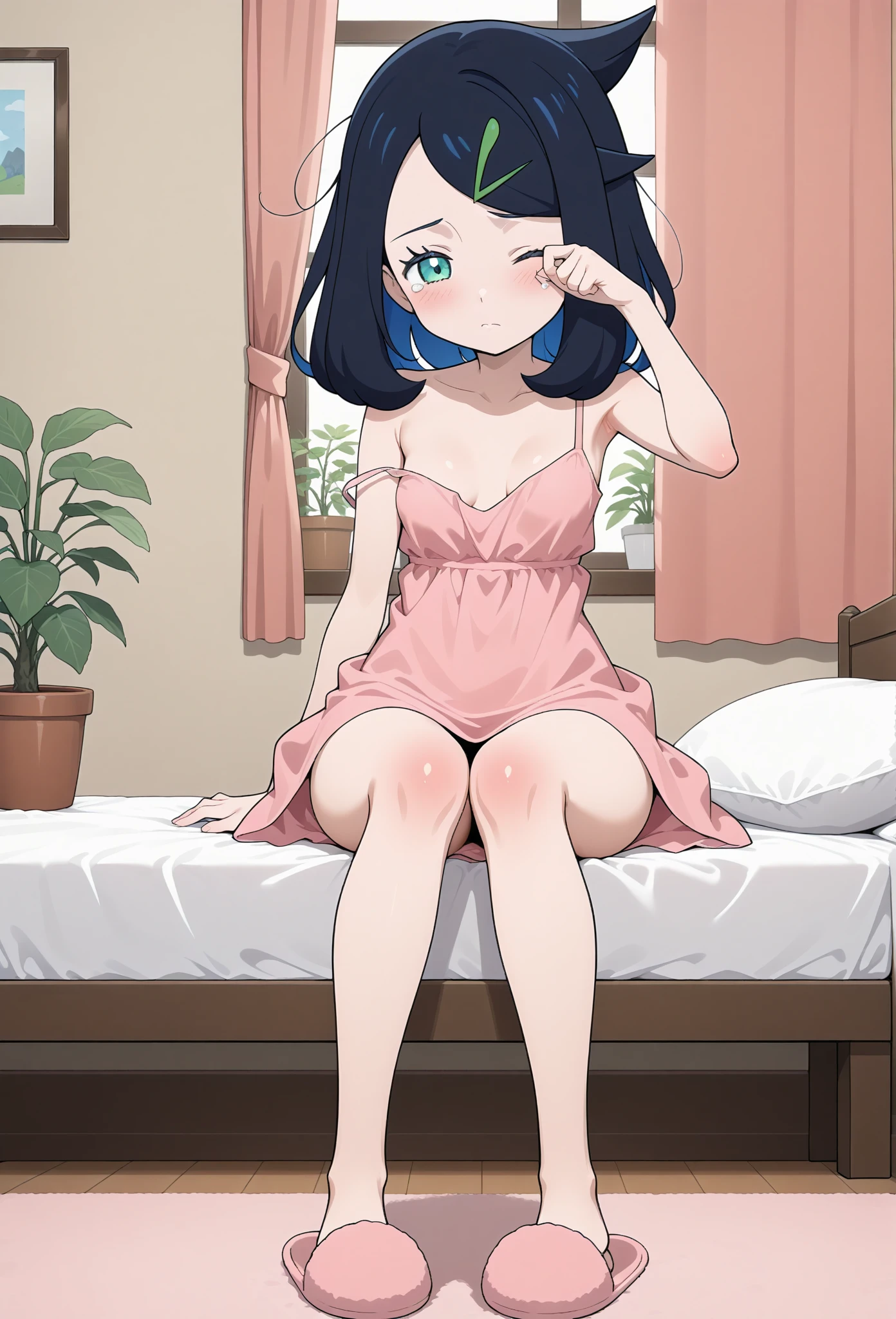 Skye cute happy Female,bob cut brunette hair, (((white tank top))), pale pink and white striped panties, camel toe,legs spread,bedroom room,Soft lighting, flat colors ,Ultra detailed,cartoon,Japanese anime style