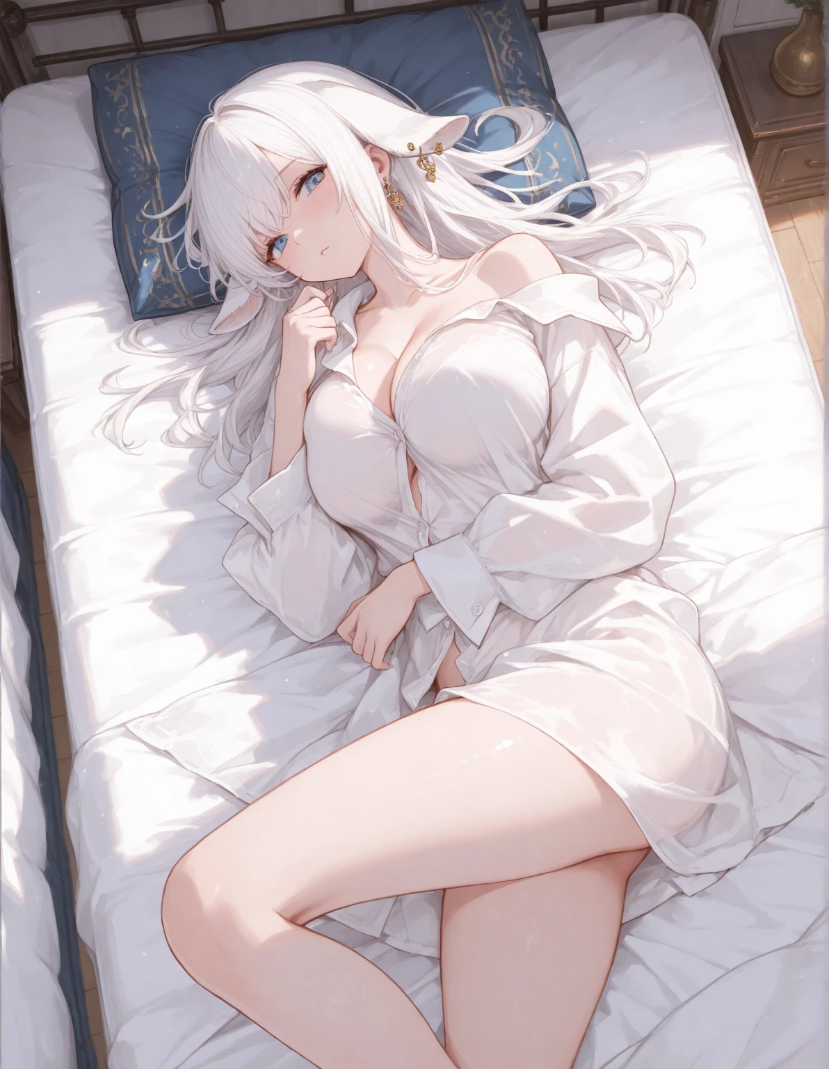 A woman, masterpiece masterpiece, super fine photo,, best quality, super high resolution, photorealistic realism, sunlight, full body portrait, amazing beautiful angel, beauty, masterpiece, super fine photo, anime style, best quality, super high resolution, photorealistic photorealism, full body portrait, amazing beauty, perfect figure, blue eyes, super detail, lying on bed, legs spread, beautiful face of details, silver white hair, light blue eyes