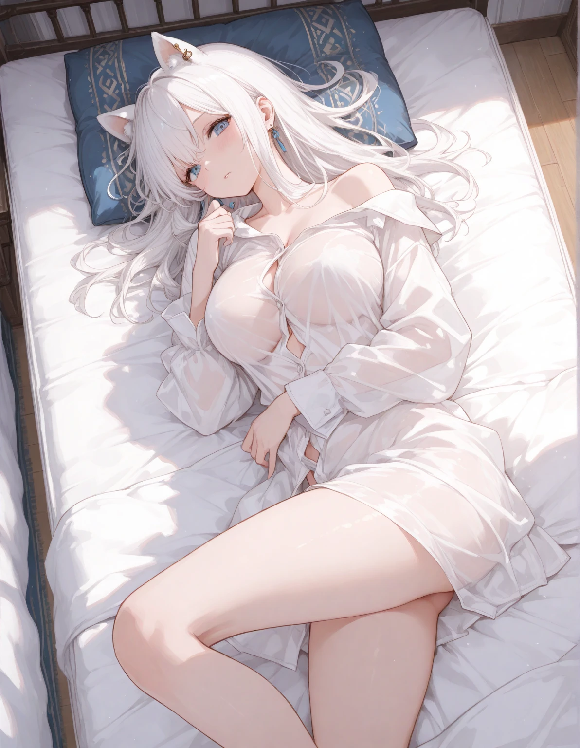 The girl lay panting on the bed,is shy,Off-white hair,cat ear,Wear nipple clips,Wear sex suits,white stockings,The face is flushed,Expression shame。There is a vest line,Wear white transparent clothes ,Protruding ,Shyness and nervousness。Grasp the sheet with one hand,The fingers of one hand go deep into the ,Clothes are tight,The figure is revealed。