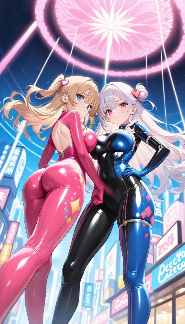 (fiche de conception de personnage, same character, Devant, side, de la), ((Extremely detailed illustration)), high resolution, des mains parfaites à cinq doigts, visage parfait . Deux filles de 25 ans,Soeurs jumelles, avec de gros seins et des mamelons qui pointent, vêtu d'une combinaison rose en latex (spandex) style hentaï ouverte aux parties intime, the scene shows her caressing her breasts, back bent facing the audience, angle de vue multiples, seductive and explicit, corps voluptueux et musclé, legs spread, plaisir intense écrit sur son visage, eyes rolled upwards. NSFW❤️💕💖💋