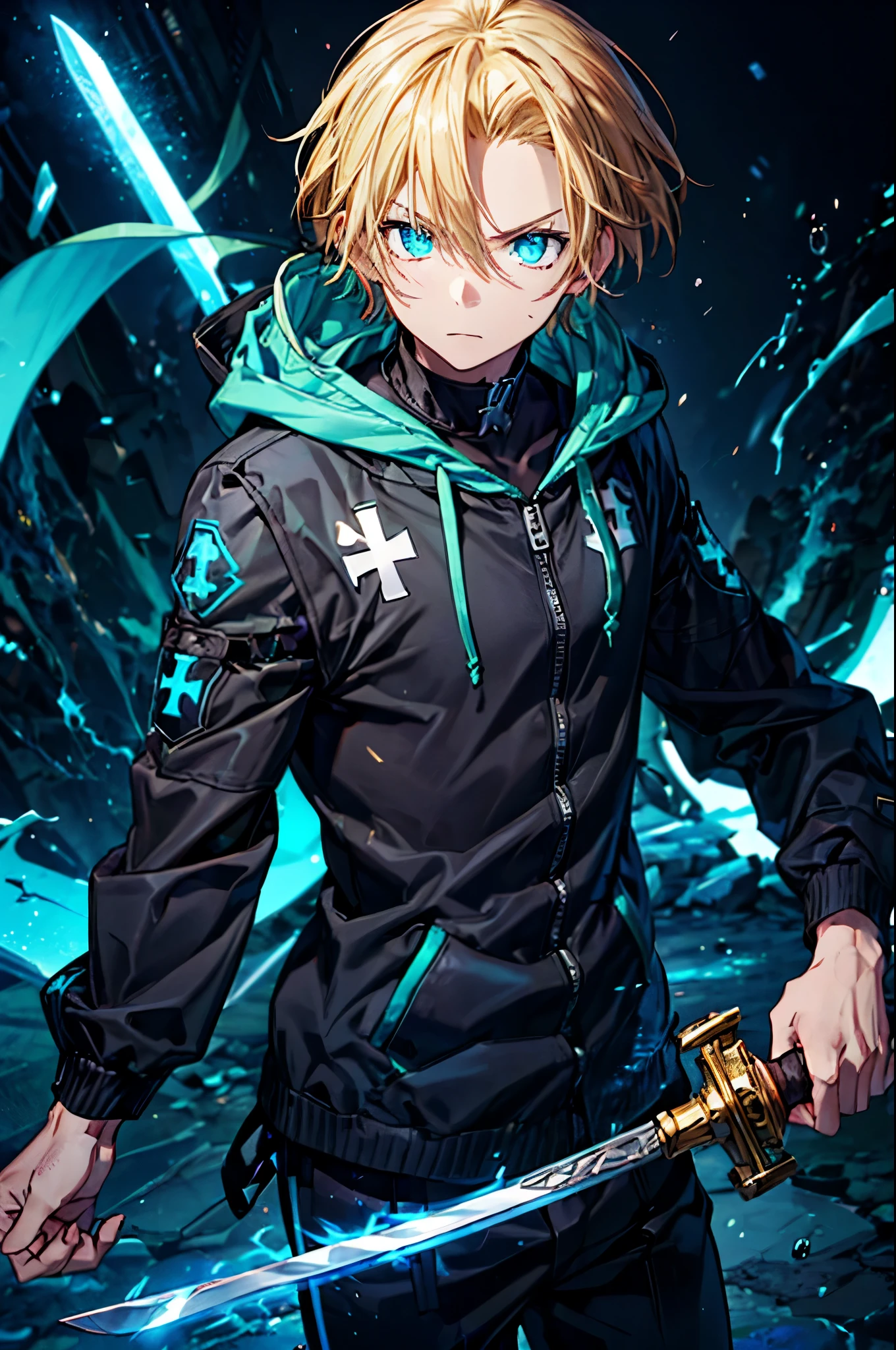 Young ,a black and aqua hoodie with a light blue cross on his chest. And he has Glowing blue eyes with, a sword in his hand, and blonde hair.