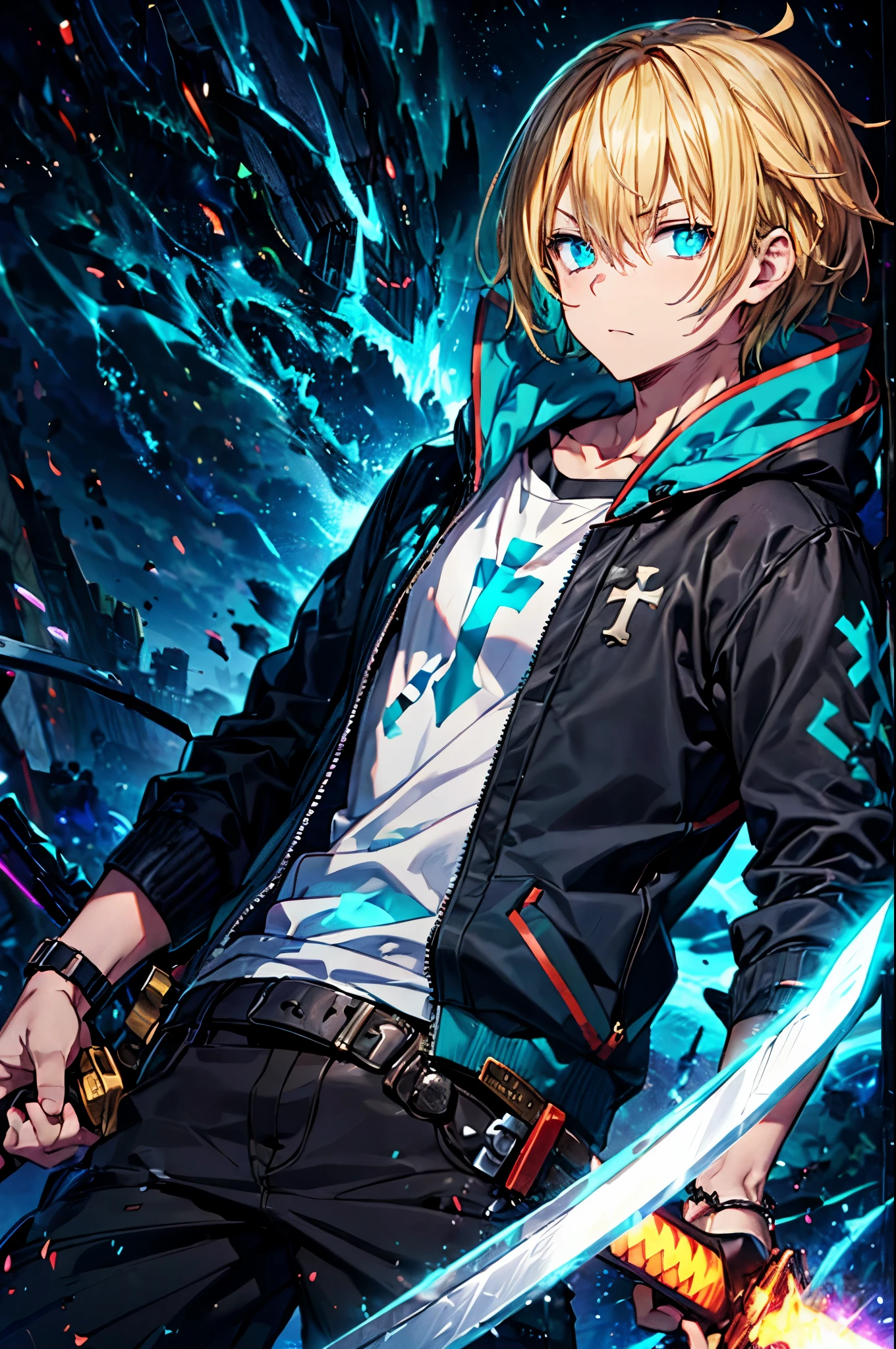 Young ,a black and aqua hoodie with a light blue cross on his chest. And he has Glowing blue eyes with, a sword in his hand, and blonde hair.