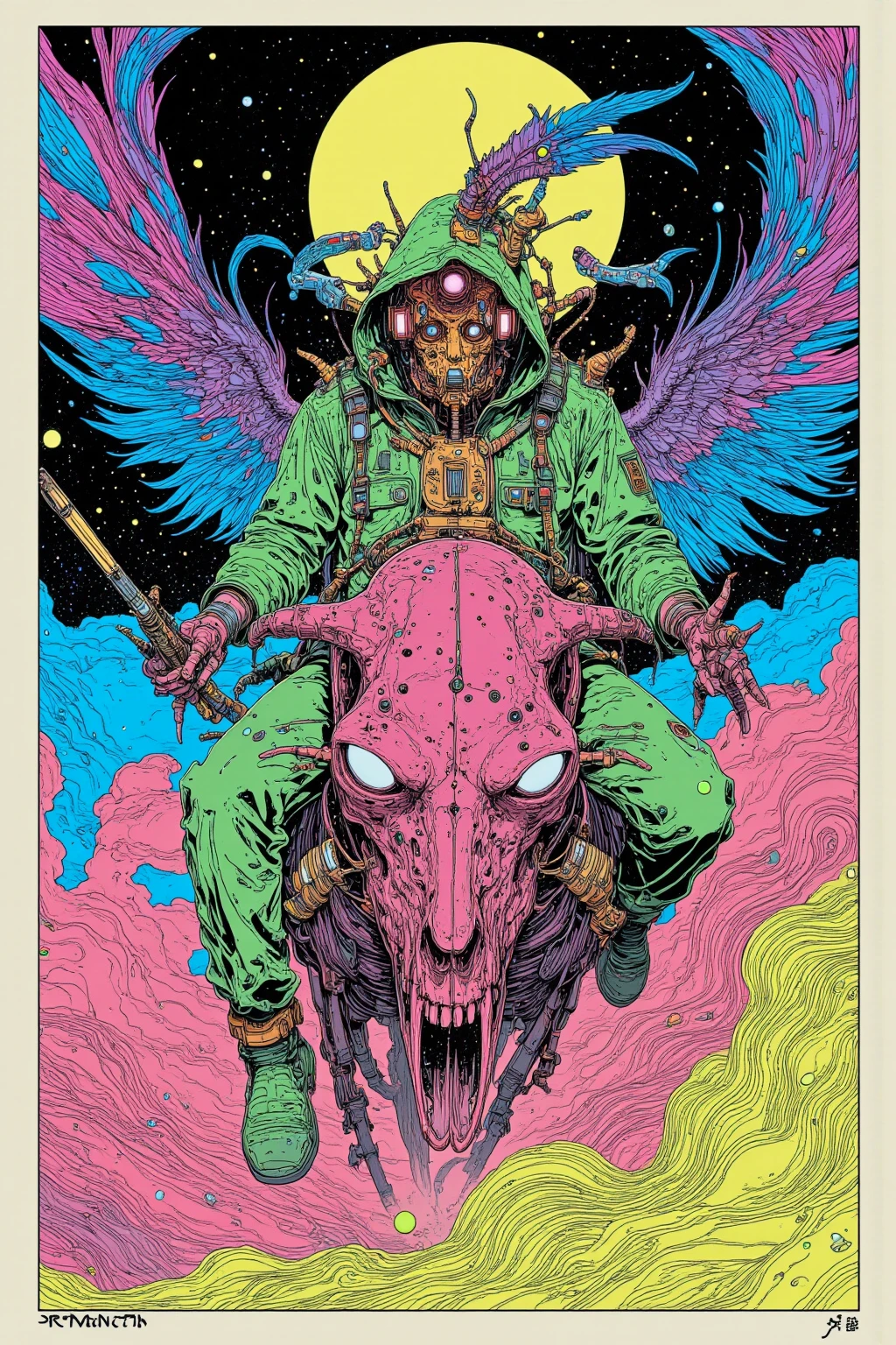 A man wearing a plague mask rides a feathered skull, and other items 々, dmt Death of Ego  , Exquisite Futuristic Art ,DMT Art,   DMT Egodes , Dan Mumford and Alex Grey style, Psychedelic Transart , Super Detailed Fantastic Art ,epic shamanic DMT Art, Shamanism DMT Horror Art   ,visionary art style,High Definition Fantastic Art,Marauders After Death ,Simple, less-colored scheme ,