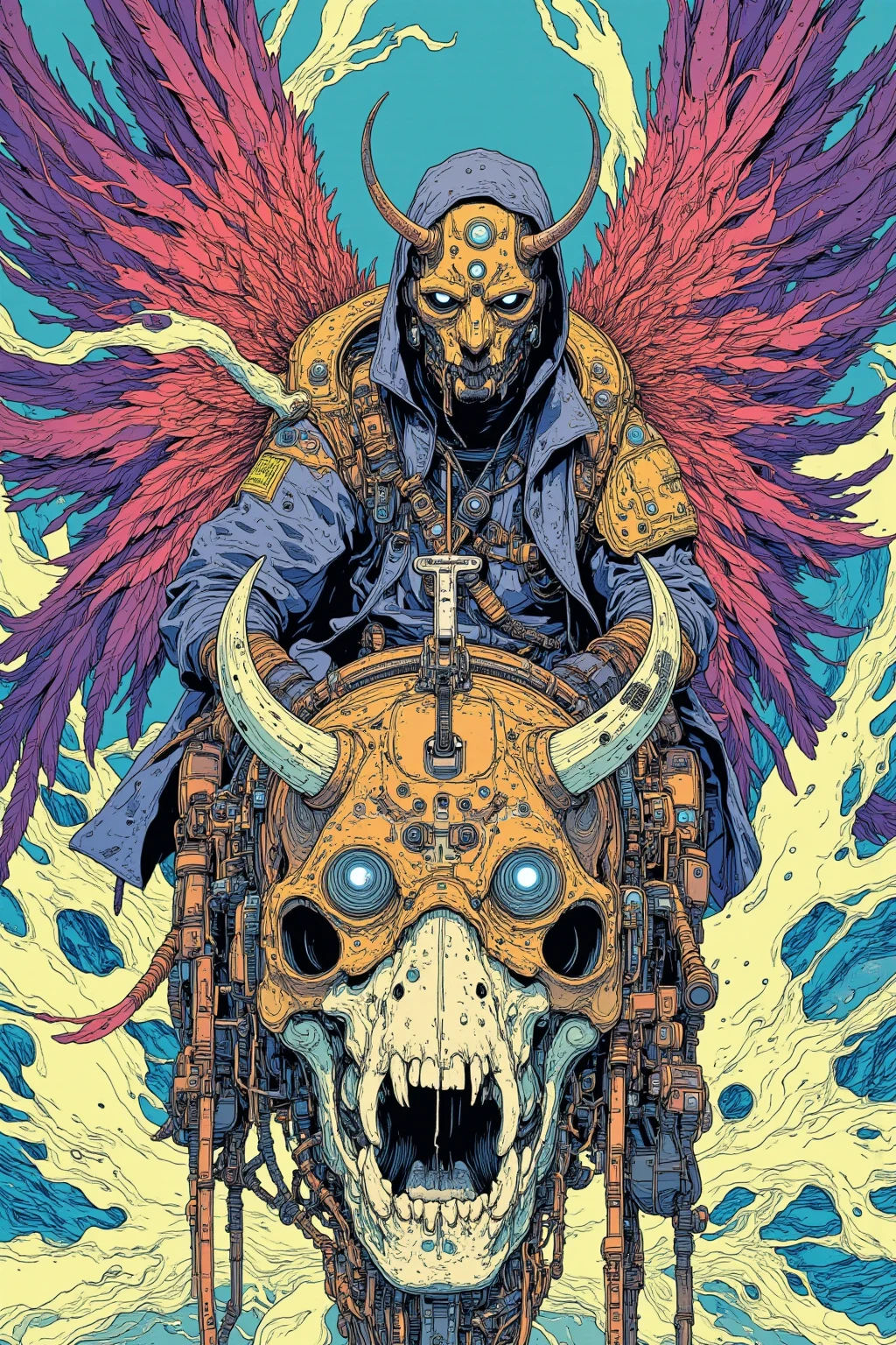 A man wearing a plague mask rides a feathered skull, and other items 々, dmt Death of Ego  , Exquisite Futuristic Art ,DMT Art,   DMT Egodes , Dan Mumford and Alex Grey style, Psychedelic Transart , Super Detailed Fantastic Art ,epic shamanic DMT Art, Shamanism DMT Horror Art   ,visionary art style,High Definition Fantastic Art,Marauders After Death ,Simple, less-colored scheme ,
