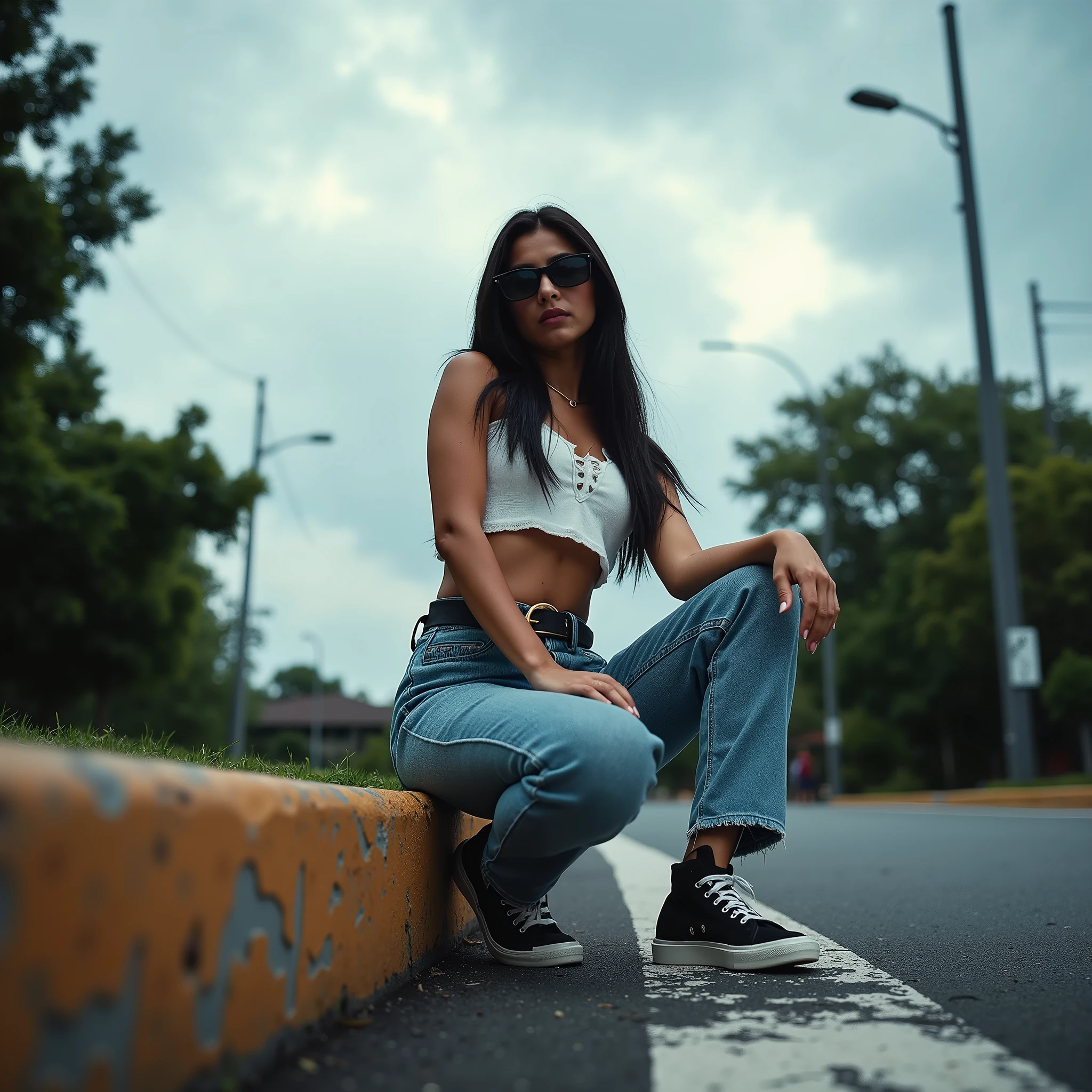 Professional photo of confident woman sitting casually on worn-out curb, urban outdoor setting, low-angle perspective, long dark hair, black sunglasses, white crop top, high-waisted light blue jeans, dark belt, black-and-white sneakers, relaxed pose, dramatic sky, fluffy white and gray clouds, tall streetlight, lush greenery, worn pavement, faded marking, natural diffused lighting, cool-toned color palette, sharp focus on model, blurred background elements, raw urban aesthetic --ar 4:5 --v 6.0 --stylize 750