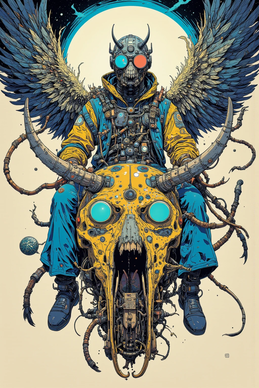 A man wearing a plague mask rides a feathered skull, and other items 々, dmt Death of Ego  , Exquisite Futuristic Art ,DMT Art,   DMT Egodes , Dan Mumford and Alex Grey style, Psychedelic Transart , Super Detailed Fantastic Art ,epic shamanic DMT Art, Shamanism DMT Horror Art   ,visionary art style,High Definition Fantastic Art,Marauders After Death ,Simple, less-colored scheme ,