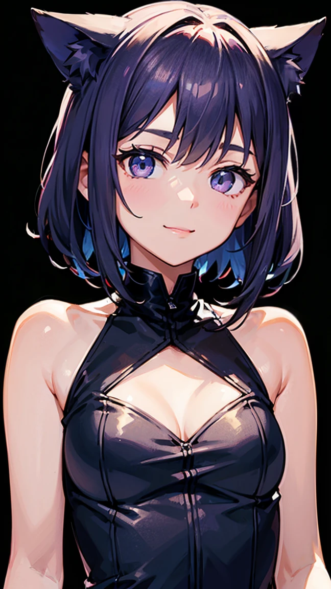 Anime-style portrait of a girl with a deep violet bob cut making eye contact with the camera, bright eyes, subtle smile, minimalistic background to emphasize character, high contrast, clean lines, digital painting, vivid colors, The girl wears her hair in a bob cut, cut at the jawline. Her hair is dark purple and her fringes are parted just in the middle of her forehead, barely peeking over her eyebrows. Other short hair frames the face on either side of the fringe, reaching just above the eyes, and the hair on the sides is clipped above the ears. The hair on top has slight volume and forms an overall rounded silhouette. The texture of the hair is smooth, shiny and lively. The ends of the hair are lightly styled inwards.