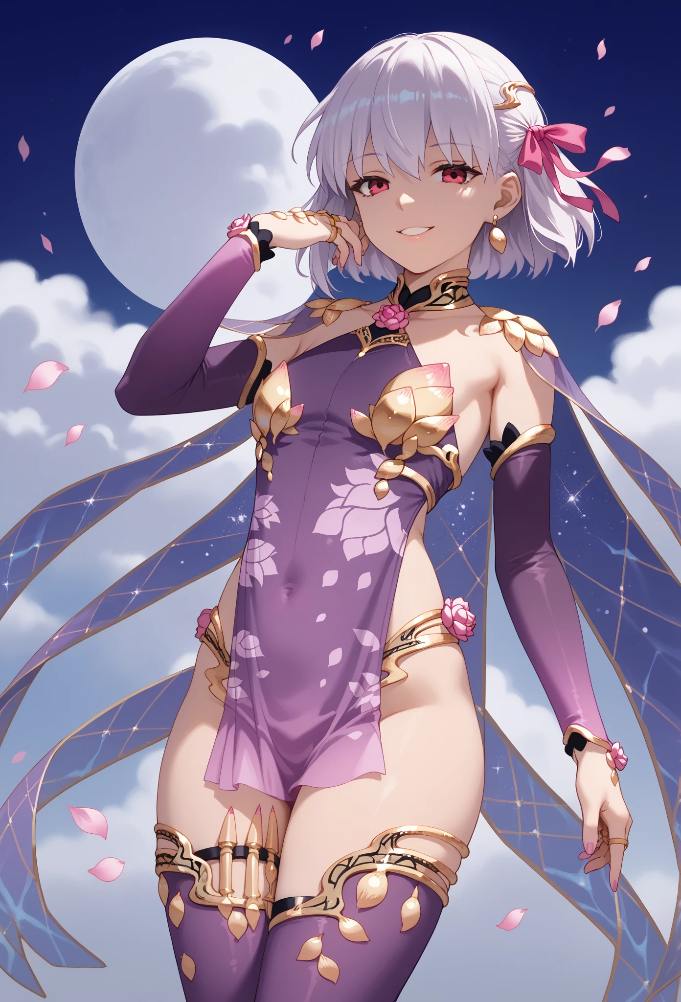 1girl,solo,cowboy shot,slender body,,short stature,standing,(white hair:1.2),short hair,bob cut, slightly wavy,red bow,(red eyes:1.2),(beautiful fingers),medium breasts,beautiful breasts,masterpiece,best quality,(Ultra high definition eyes:1.2),8k,(Beautiful detailed eyes:1.2),(Fine and beautiful eyes:1.2),(pretty eyes:1.2),finely detail,extremely CG, absurdres,high resolution,illustration,Detailed and beautiful outlines,finely detail,high resolution,(colorful refraction:1.4,Increase saturation:1.2),beautiful lighting,dynamic lighting,closed room,black background,simple background, smile,looking at viewer,KamaDe, (OriginalKamaOutfit),purple sheer dress, purple sleeves,purple thigh boots