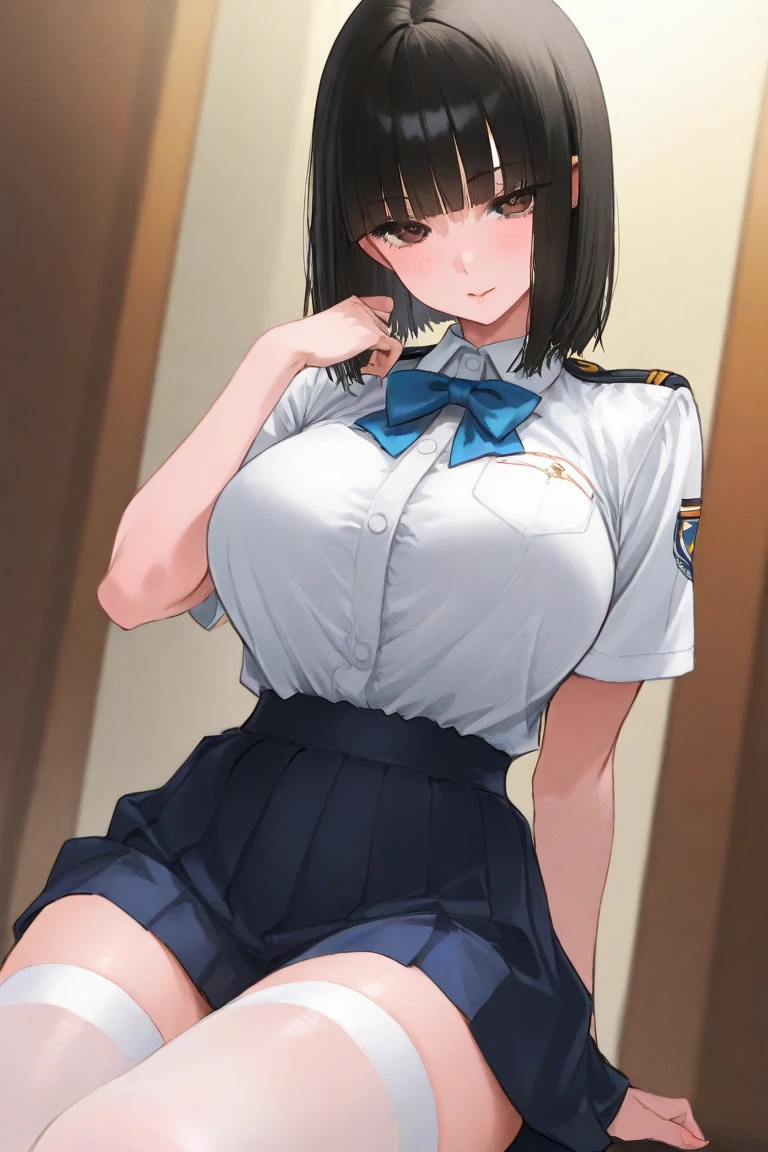 A beautiful police officer with short brown hair who loves masturbation、During masturbation、nsfw、Half naked、Miniskirt、