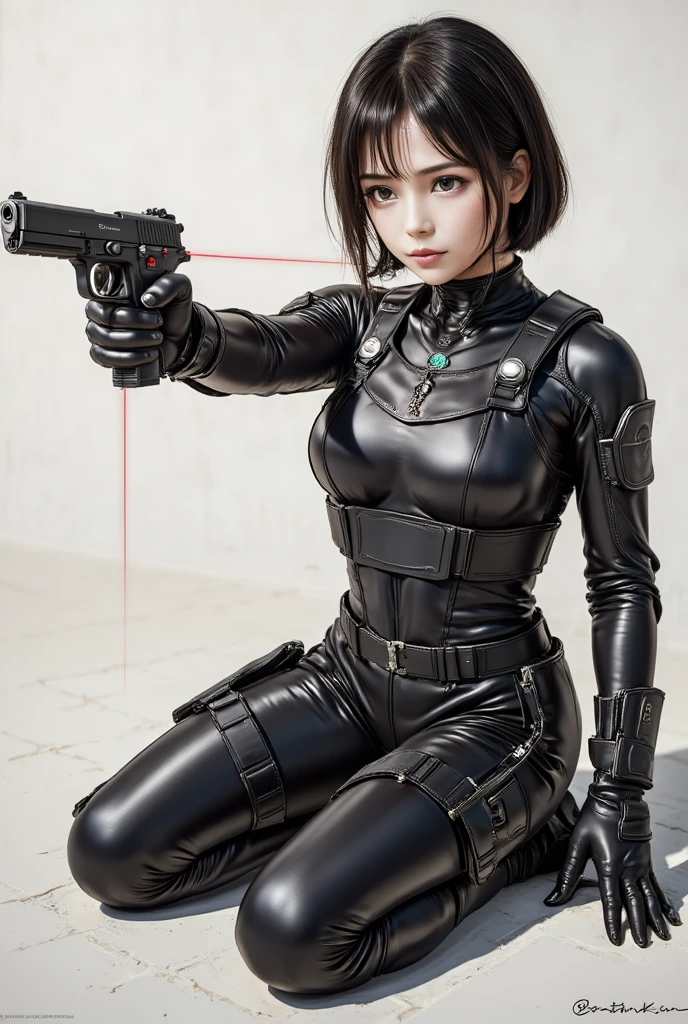 ((Best Quality, 8K, Masterpiece: 1.3)), ((best quality)), photorealistic, photorealism, Photorealistic, high resolution, 1girl , looking at the viewer, (Detailed face), short hair, (wearing dark rubber suit, tactical vests, military harness, black gloves, high-tech headset), revealed thigh, Fingers are occluded, concrete wall background,