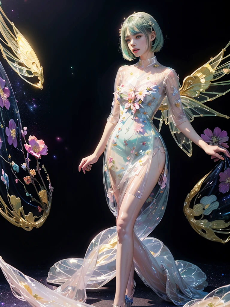 a young asian girl, wearing pink golden transparent dress, full body, ribbon on hair, stunning 3d render of a fairy, pixie character, portrait of a fairy, beautiful fairy, portrait of fairy, magical fairy background, beeple and jeremiah ketner, space flower fairy, cute 3 d render, faerie, adorable digital painting, beautiful render of a fairytale