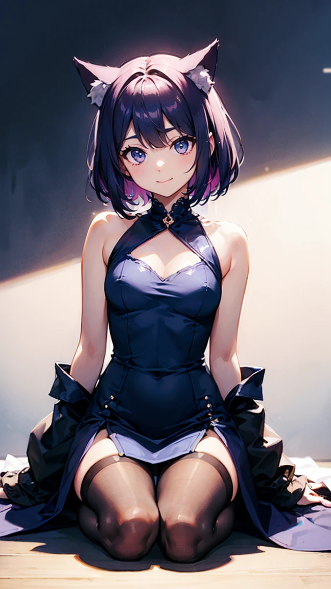 Fashionable girl, short purple hair, red strand, blue eyes, wolf ears and tail, black light beautiful dress, smile, masterpiece, high quality