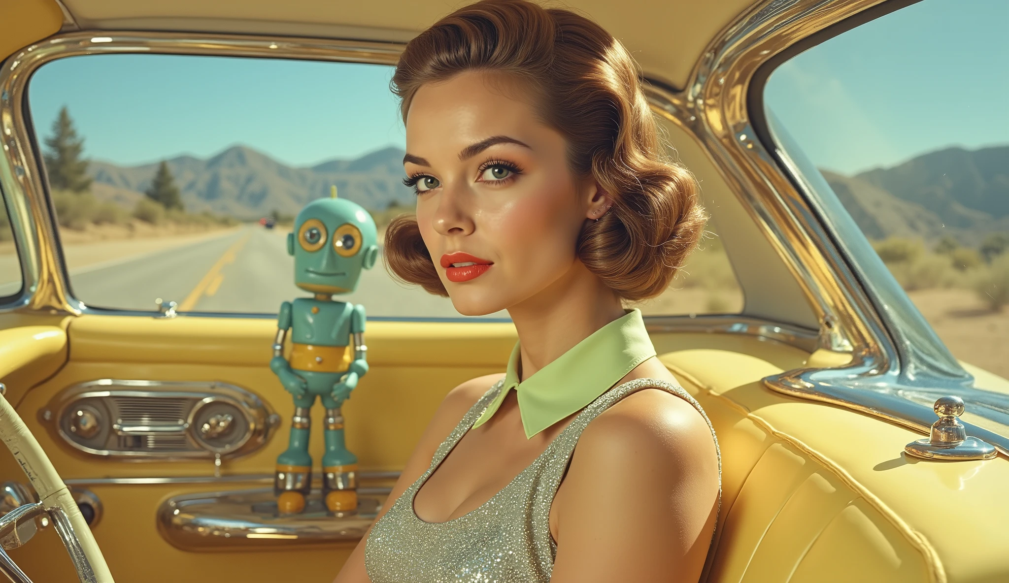 A young woman, mid-20s, with light-brown hair styled in a 1950s bob, sits in a futuristic, chrome-accented, pastel yellow car. She wears a sleeveless, sparkly, light-gray dress with a lime-green collar. Her makeup is meticulously applied with rosy blush and defined eyes. She exudes a poised, confident, and slightly playful demeanor. The woman has a focused and serene expression. The interior of the car features metallic components and vibrant colors, creating a sense of futuristic retro-style design. A quirky, cartoonish robot figurine, pastel blue and yellow, sits in the background. The overall composition is slightly elevated, showcasing the car interior and the figure from a slightly high angle. The colors are vibrant, with a soft focus, emphasizing the 1950s pin-up aesthetic. The car's chrome and metallic elements contrast with the bright yellow interior. A road and mountains are visible in the background of the image. Soft light illuminates the scene, with a retro/vintage style. The mood is optimistic and stylish. The image has a dreamy and slightly surreal quality, combining elements of sci-fi and vintage imagery. Art Deco, vintage advertisement, photorealistic, retro.