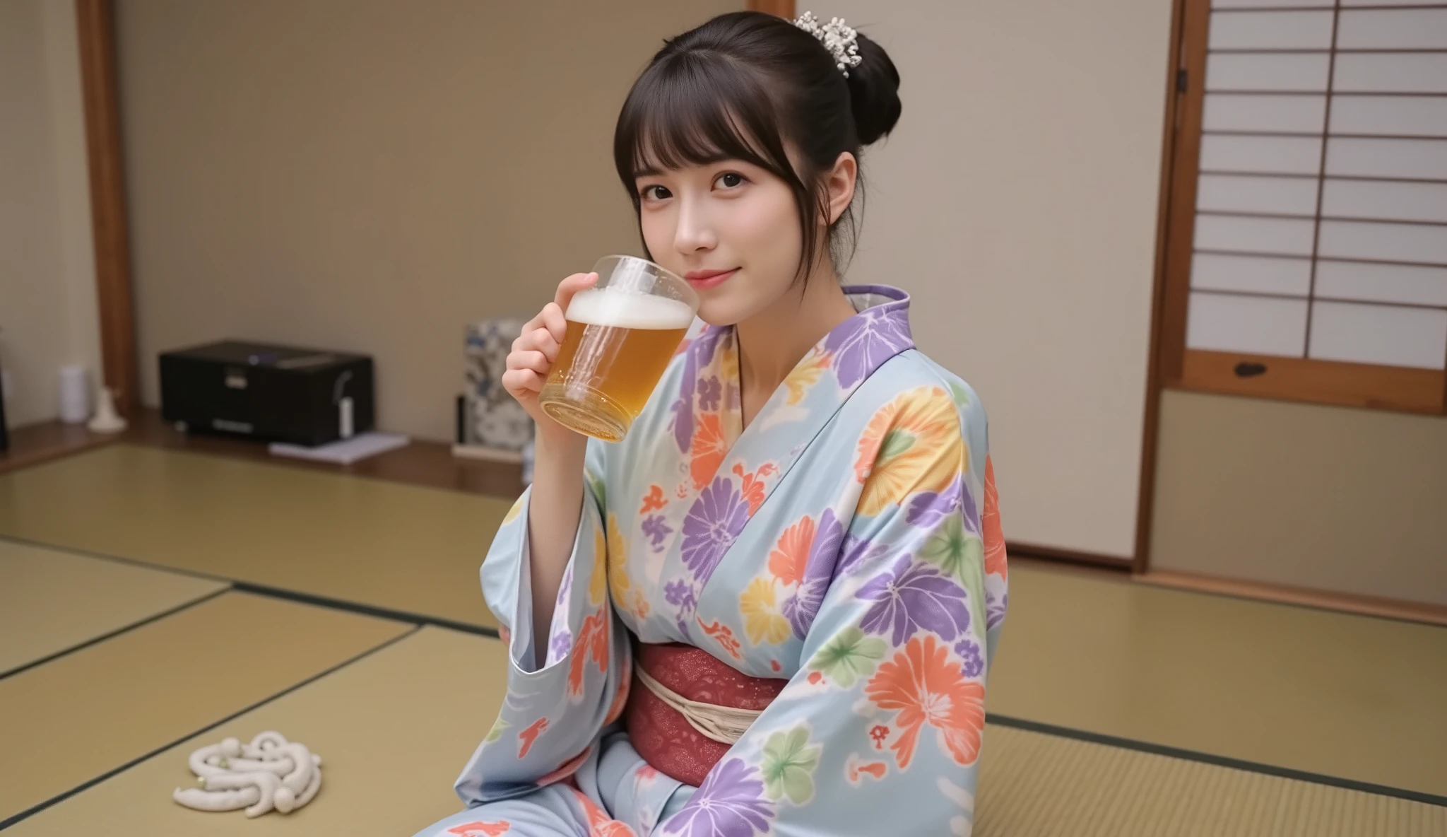 (high quality:1.2,Ultra-realistic) 、Detailed face、Detailed eyes、Beautiful Japanese Woman、22 years old、Black Hair,(Cleavage:1.2)、(breasts out),(nipples slip),The chest is on the table、ryokan, BREAK (wearing light pgray Japanese Checkered pattern yukata,obi),((ryokan yukata,onsen yukata)),Sitting at the table, (Big smile,Happy expression:Pure joy),she has (bun hair with side bangs) and、 (Holding a large beer mug on the table)、(no bra,braless:1.3),(blushing:1.5),