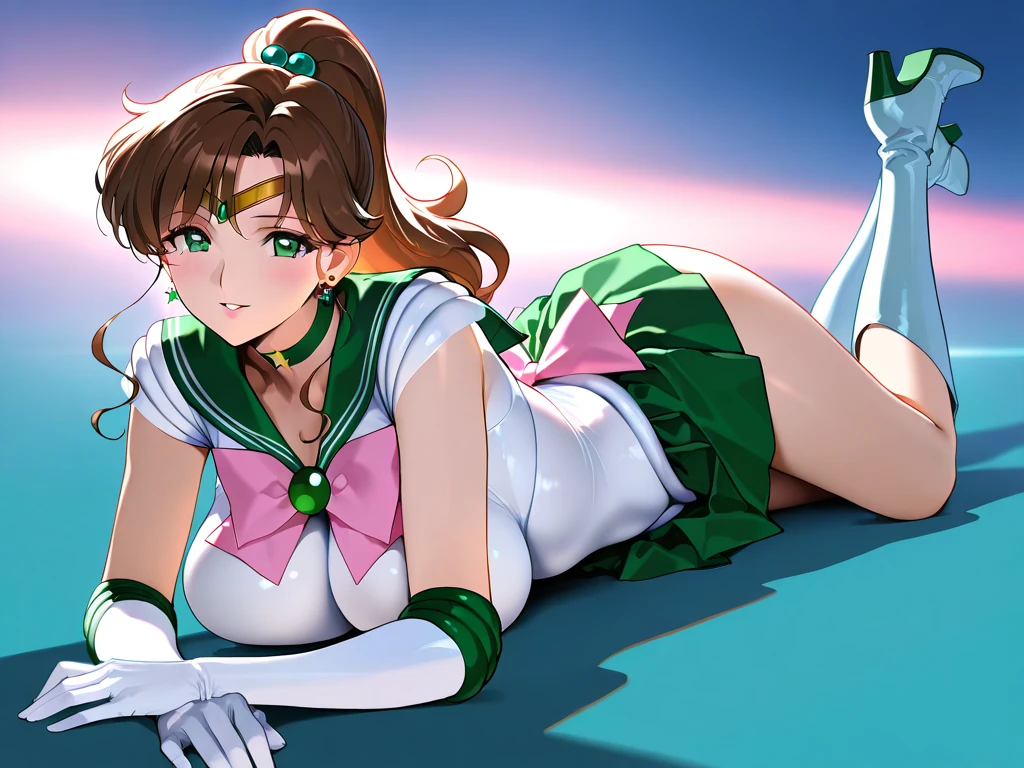 Sailor jupiter, closed eyes, ponytail, tiara, jewelry, sailor senshi crop-top , green sailor collar, choker, elbow gloves, white gloves, pink bow, brooch, leotard, green panties, unconscious, decubitus supine, lying in the floor arms open Horizontal, legs open front to front, anime 90s