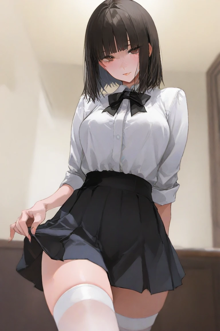 1girl, asian, middle hair, skirt, glasses, bare legs, nsfw