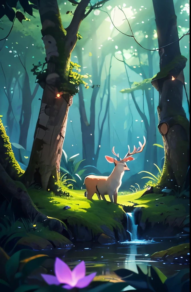 Masterpiece, best quality, (very detailed CG unity 8k wallpaper), (best quality), (best illustration), (best shadows), glow sprite, with a glowing deer, in the swimming pool Drinking water, natural elements in the forest theme. Mysterious forest, beautiful forest, nature, surrounded by flowers, delicate leaves and branches surrounded by fireflies (natural elements), (jungle theme), (leaves), (twigireflies), (particle effects) etc. 3D , Octane rendering, ray tracing, super detailed --v6