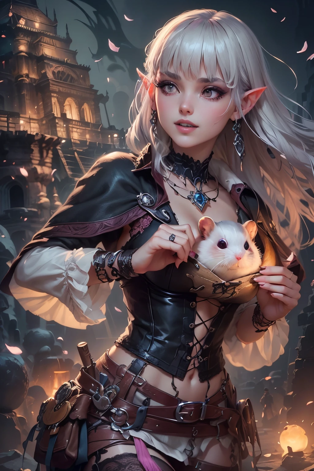 (Ultra-detailed face, Looking away, Gothic Illustration, Dark tone colors. She has five fingers on her hands and five toes on her feet.), BREAK
(Ancient ruins. Gothic ruins. Dimly lit space. Fantastic. Mysterious. Cherry blossom petals are dancing. Contrasts of light and shadow.), BREAK
(A young female dark elf treasure hunter is smiling and playing with a small, round, fluffy hamster tucked between her cleavage. The viewpoint looks up at the woman from the front of the lower side of the room.), BREAK
(She has gray hair, gray eyebrows, blunt bangs, waist-length wispy hair, small pink lips, lavender eyes, dark gray skin, and eyeliner.), (She is wearing a short lace up dress with an English Victorian cherry blossom motif and lace fabric overlay. She wears an up-dress. She wears sandals with braided leather straps.)