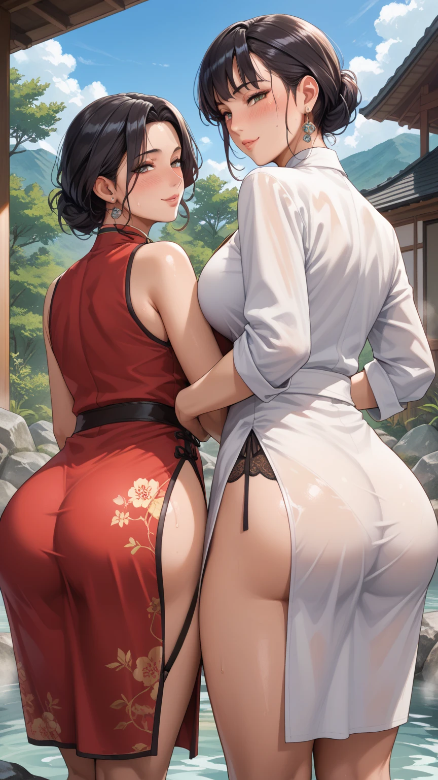 ((splashing semen)), ((cum on body)), (nsfw), ((detail erectile nipples)),woman,20-year-old,city,(((Silk Chinese Dress))),,Laughing with your mouth open((Black Hair)),blush、,((Looking Back))()Reflecting the buttocks, Beautiful thighs, (white panties), ((cameltoe)), (anus),(