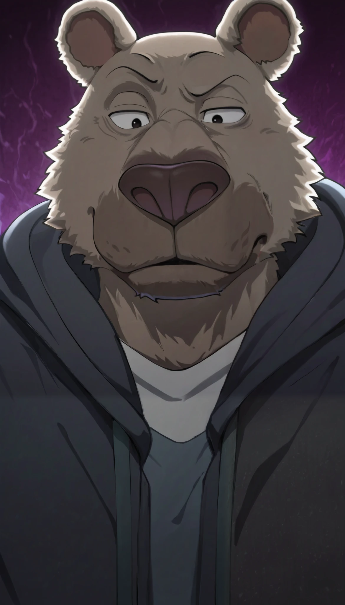 Photograph: towering Riz Bear; hulking/fierce; (fine featured random expression); tan fur; ((skeptical Kodiak Bear)); (Massive muscled Bear); (massive burly ripped stature); blackened midnight background; high-resolution; dynamic angle front view; looking down at viewer; emotional exaggeration; seductive Bear; ("Riz": Beastars);