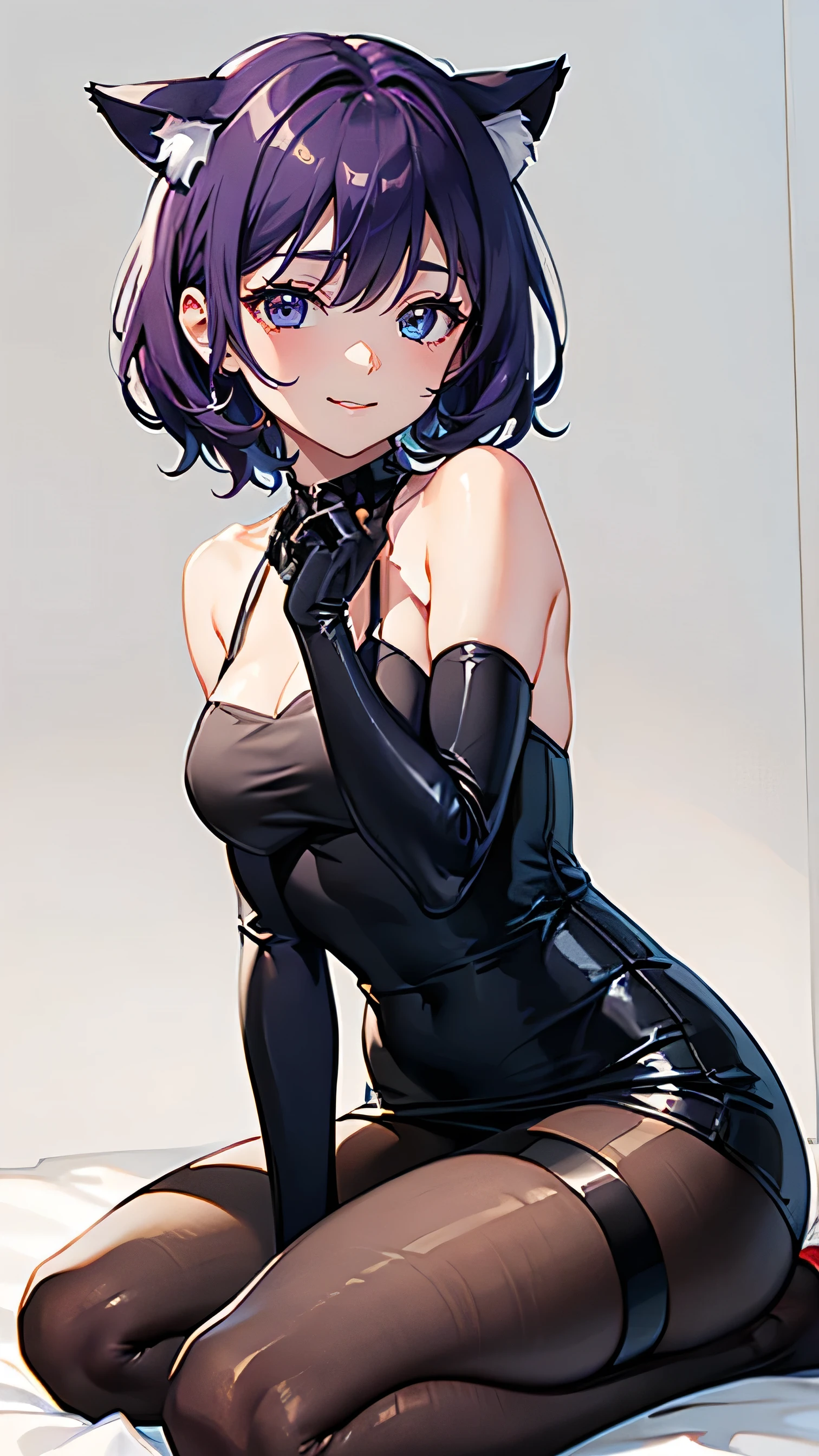 mature female, mature, Adult, himeno, himeno(Chainsaw Man), 1girl, black hair, short hair, eyepatch, solo, naughty face, argasm, rolling_eyes, cross-eyes, grin, nsfw, Villains, arms raised in the air, Spread arms, shaking body, waving body, blush, aroused, in heat, night, Dark, latex purple leotard, masterpiece, Top animation quality,Top image quality,