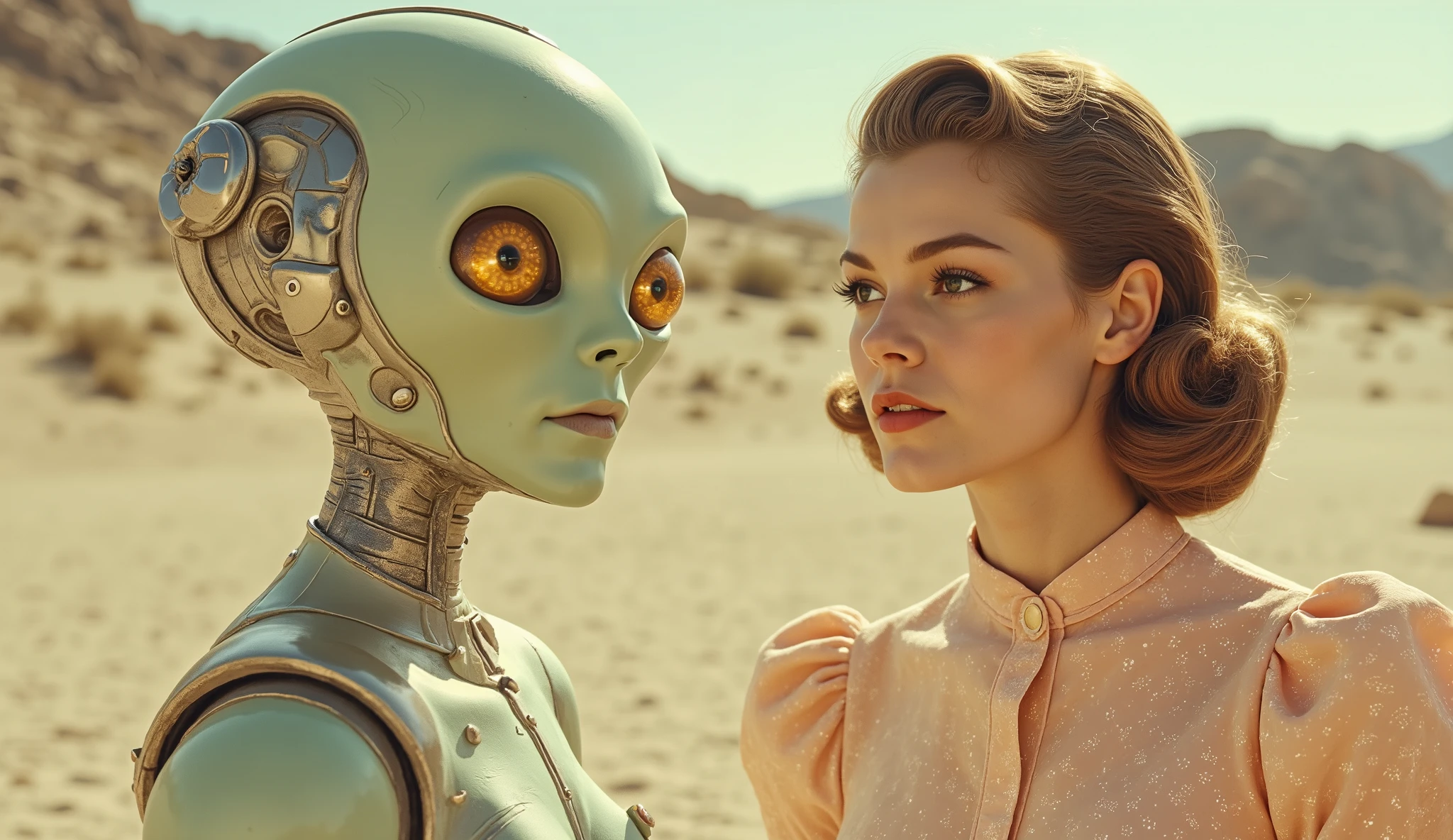 Desert encounter; pale, light-green alien humanoid with luminous, amber eyes; young, Caucasian woman, mid-20s, in a 1940s-style, light-pink, patterned dress; high-necked, fitted bodice, with puffed sleeves, and A-line skirt; woman's hair styled in classic curls; woman displays a neutral expression, focused gaze, soft, warm lighting; arid desert landscape, with muted sand and light browns; ruined structures; camera perspective is a medium shot; pale desert sand; golden-hour light; art direction evokes a classic sci-fi aesthetic; color palette is muted, pastel tones; smooth, matte textures; alien figure has a detailed, segmented design; composition balances both subjects; overall mood is contemplative and serene; retro futurism style.